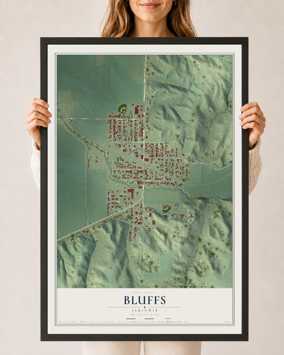 Map of Bluffs, Illinois, 24 x 36 inch print in a black wood frame