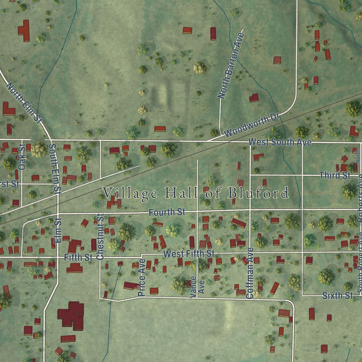 Close-up of the map of Bluford, Illinois print showing street and building detail