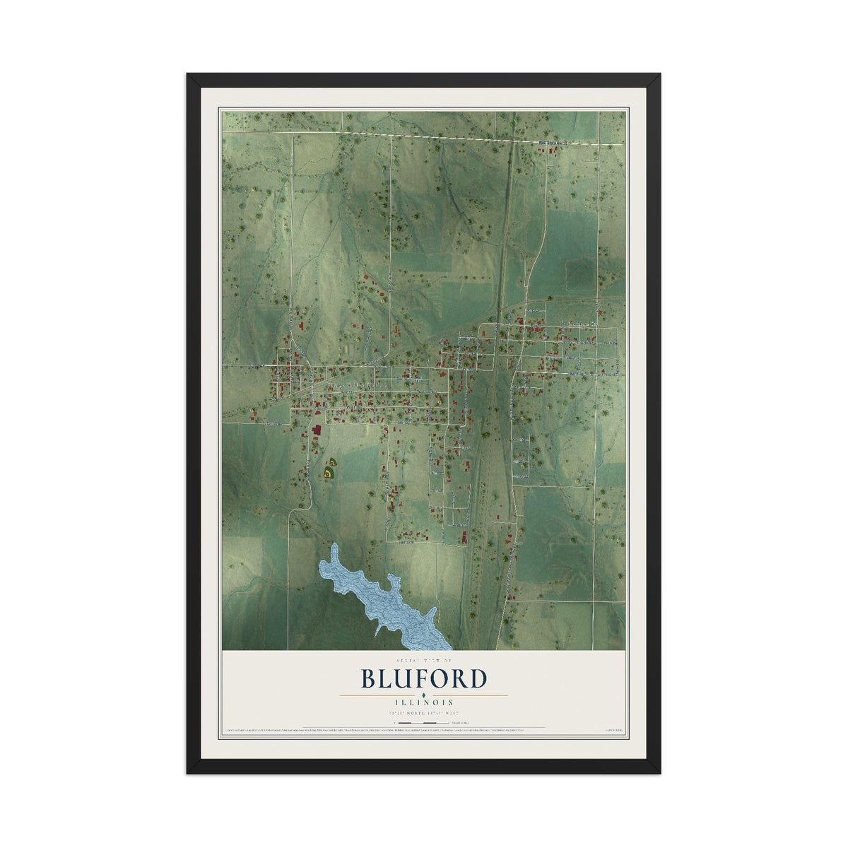 Map of Bluford, Illinois, 12 x 18 inch print in a black wood frame