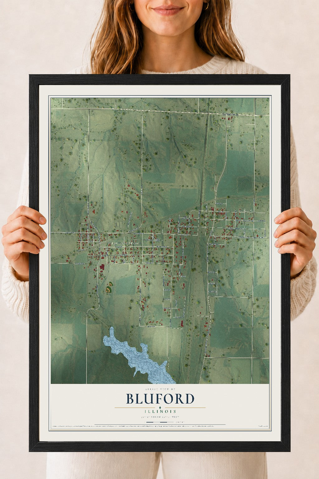 Map of Bluford, Illinois, 18 x 24 inch print in a black wood frame