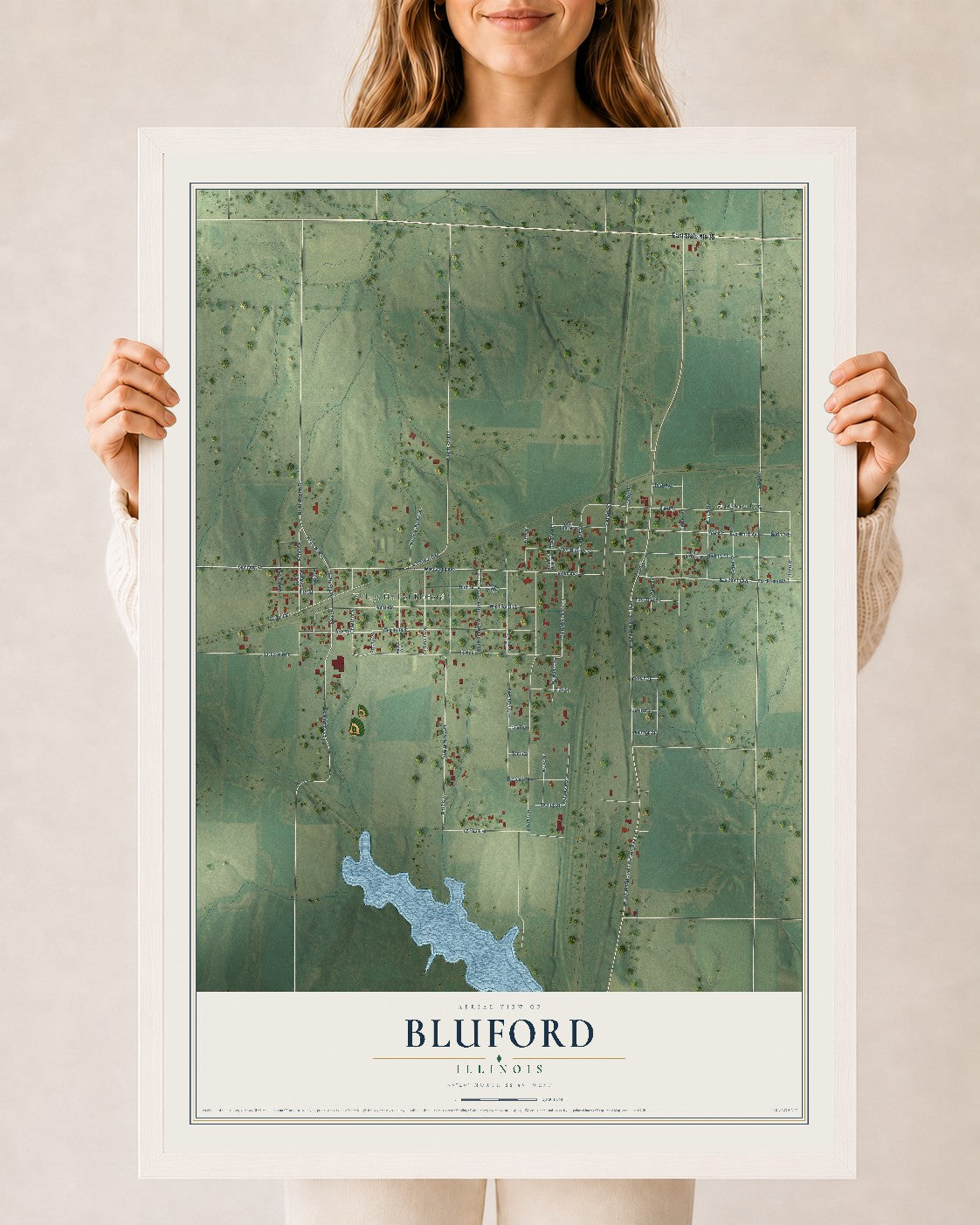 Map of Bluford, Illinois, 24 x 36 inch print in a white wood frame