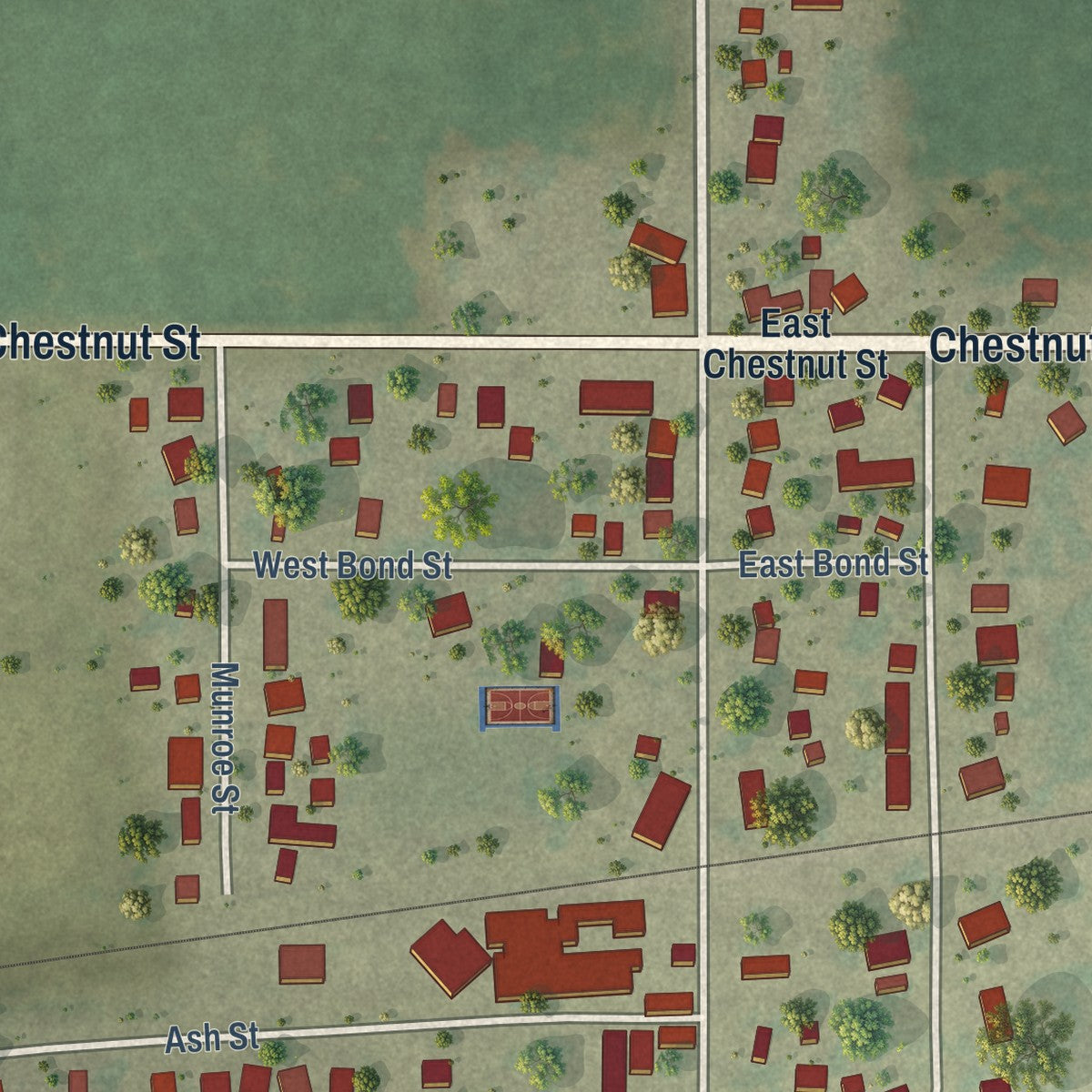 Close-up of the map of Bondville, Illinois print showing street and building detail