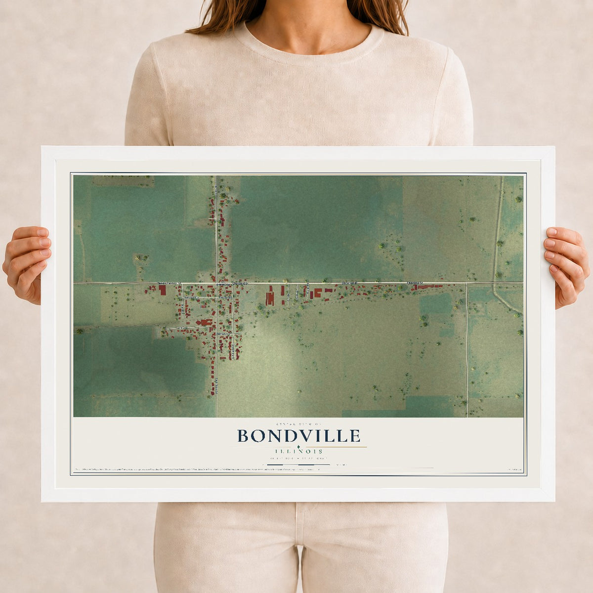 Map of Bondville, Illinois, 12 x 18 inch print in a white wood frame
