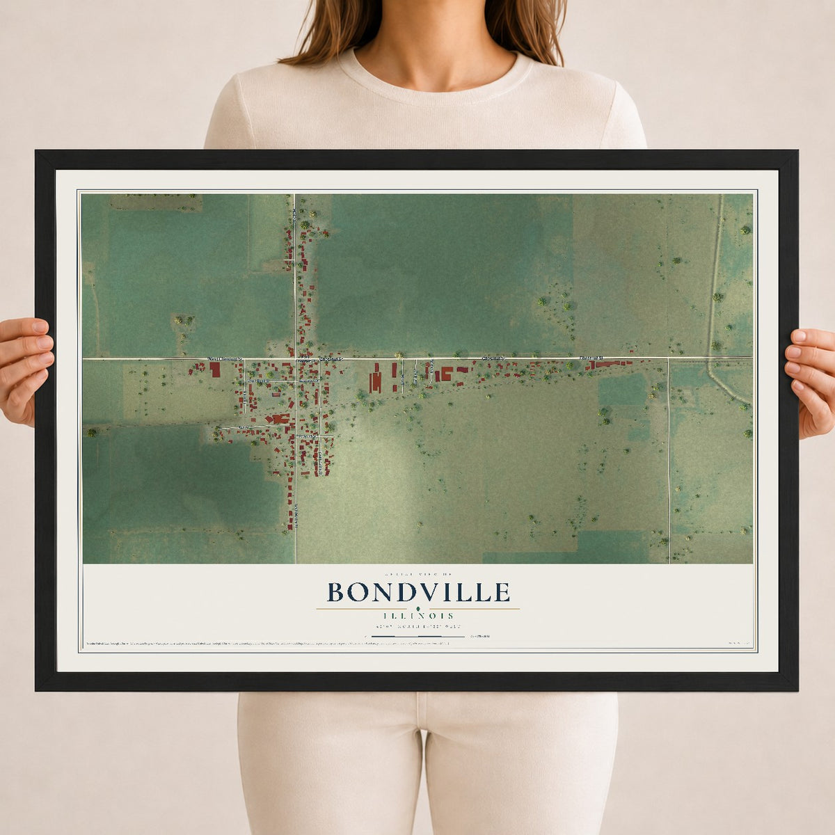 Map of Bondville, Illinois, 18 x 24 inch print in a black wood frame