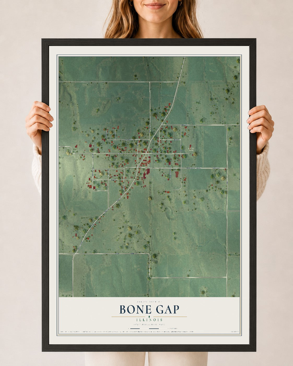 Map of Bone Gap, Illinois, 24 x 36 inch print in a black wood frame