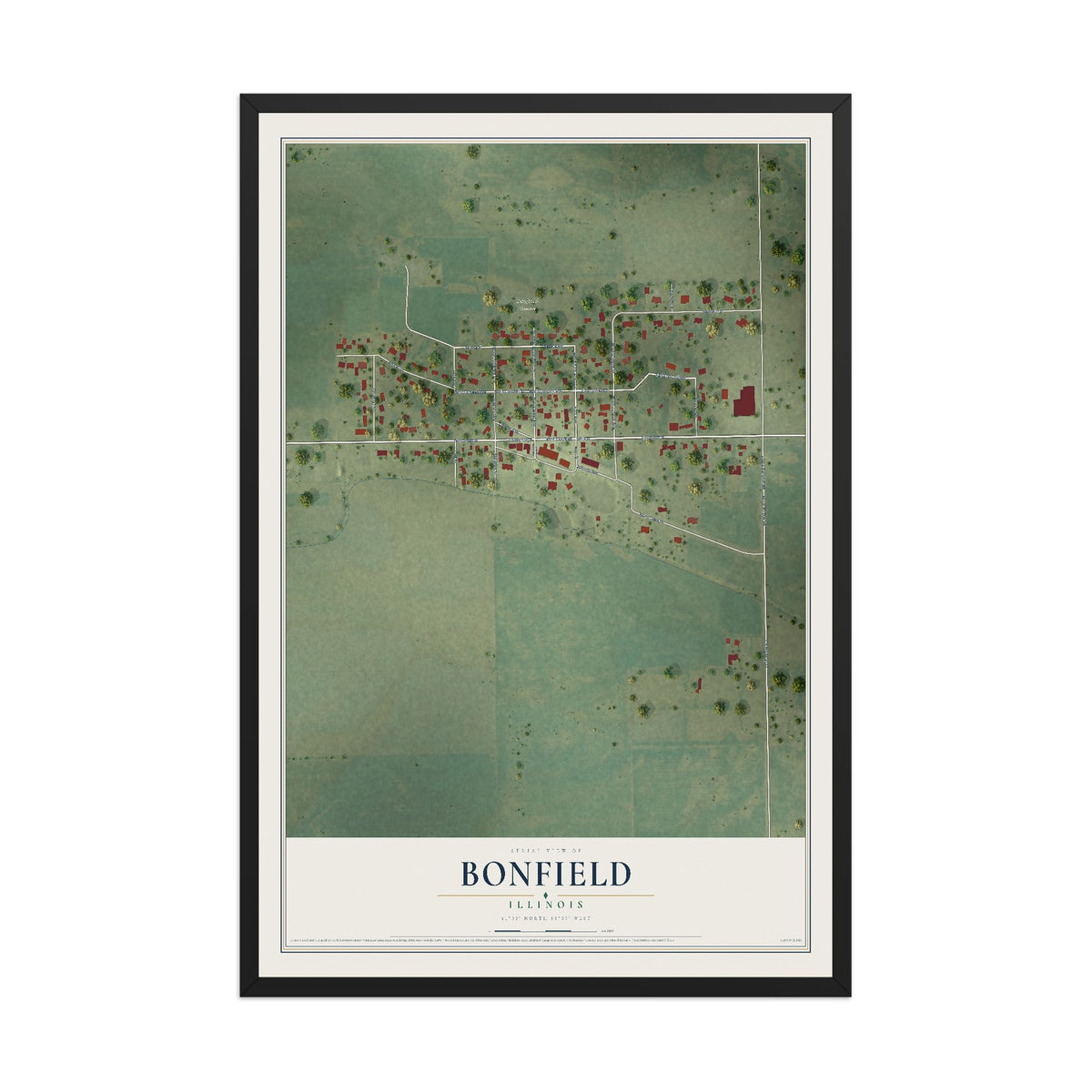 Map of Bonfield, Illinois, 12 x 18 inch print in a black wood frame