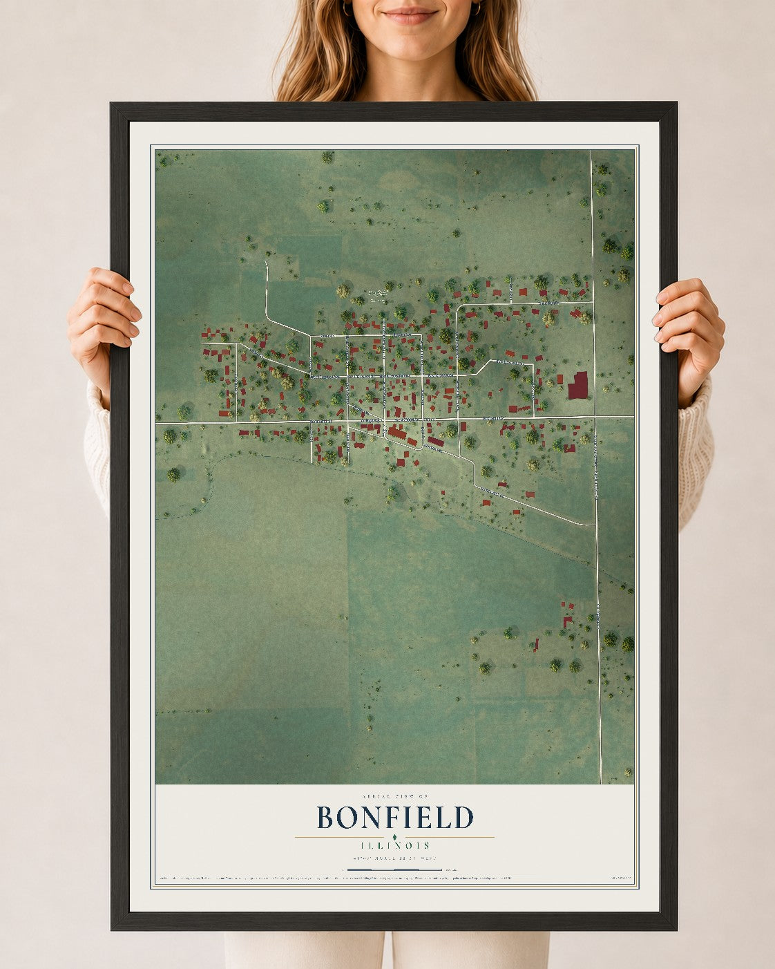 Map of Bonfield, Illinois, 24 x 36 inch print in a black wood frame