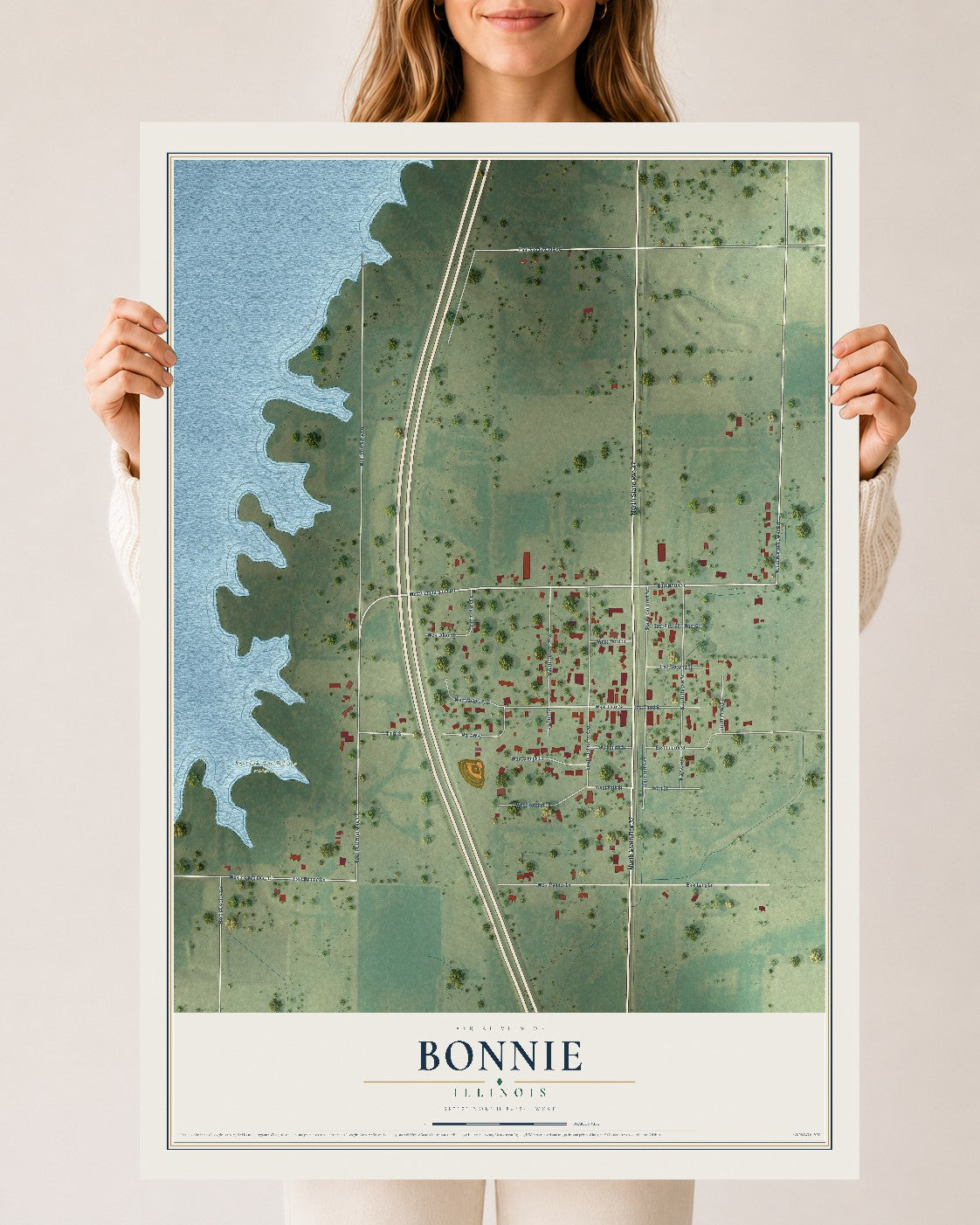 Map of Bonnie, Illinois, 24 x 36 inch unframed archival matte print