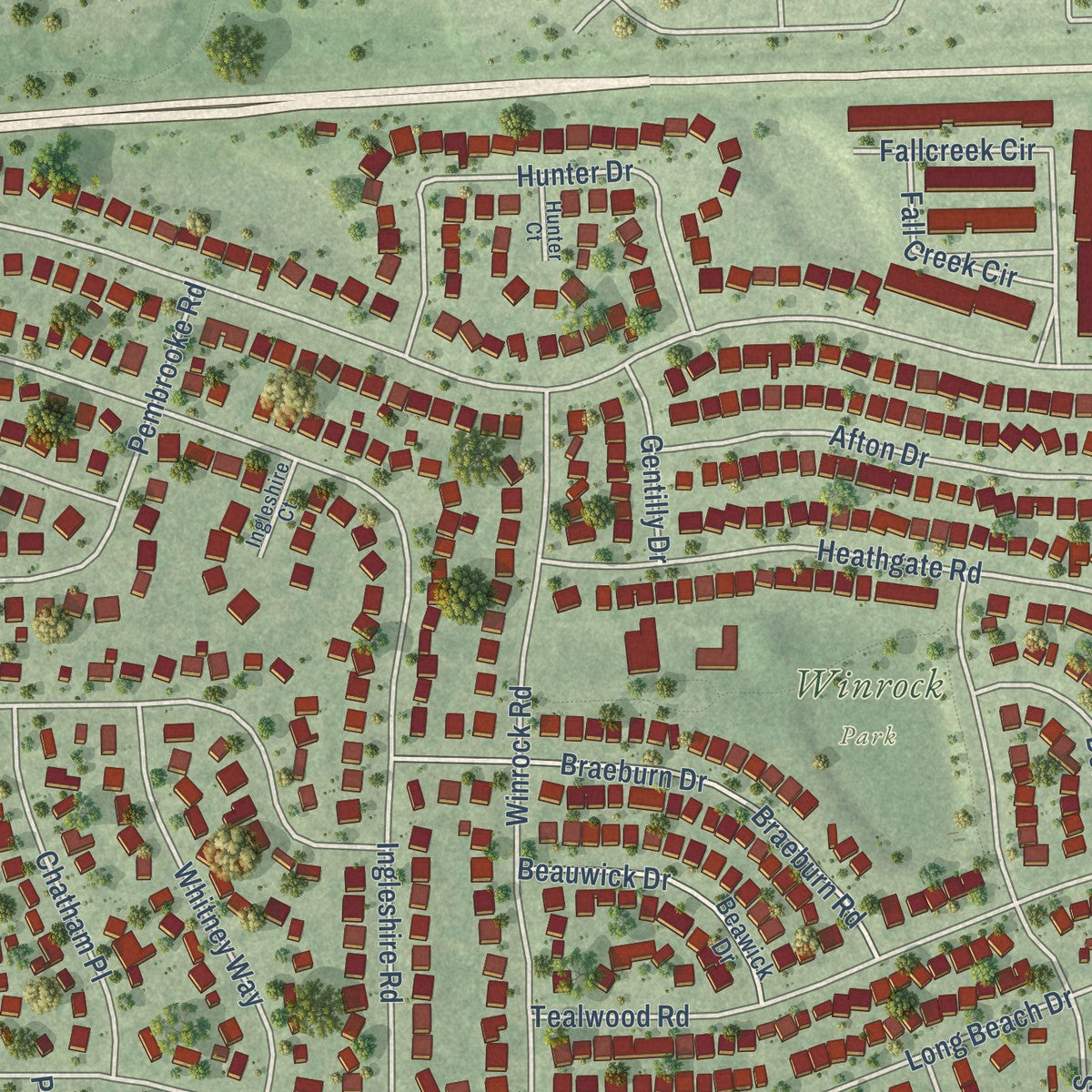Close-up of the map of Boulder Hill, Illinois print showing street and building detail
