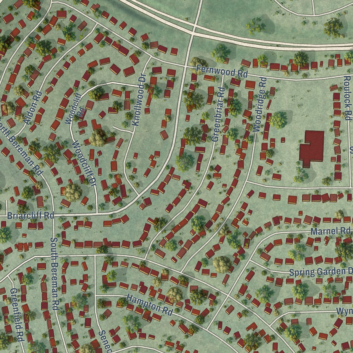 Second close-up of the map of Boulder Hill, Illinois print showing more streets and buildings