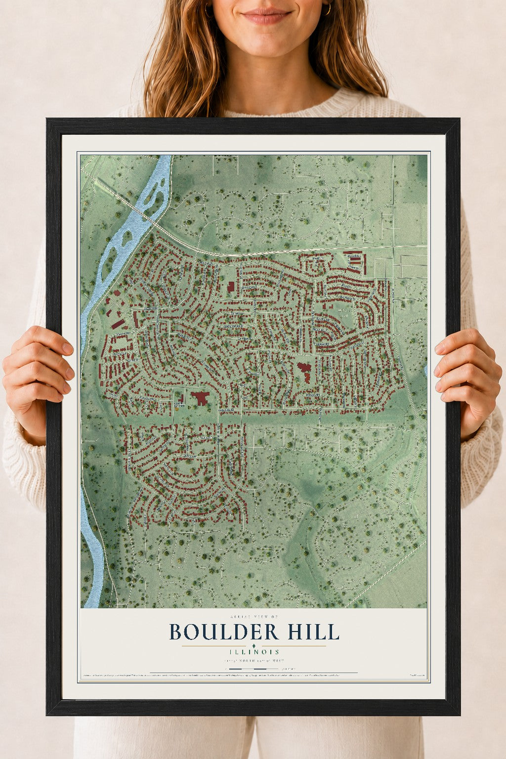 Map of Boulder Hill, Illinois, 18 x 24 inch print in a black wood frame