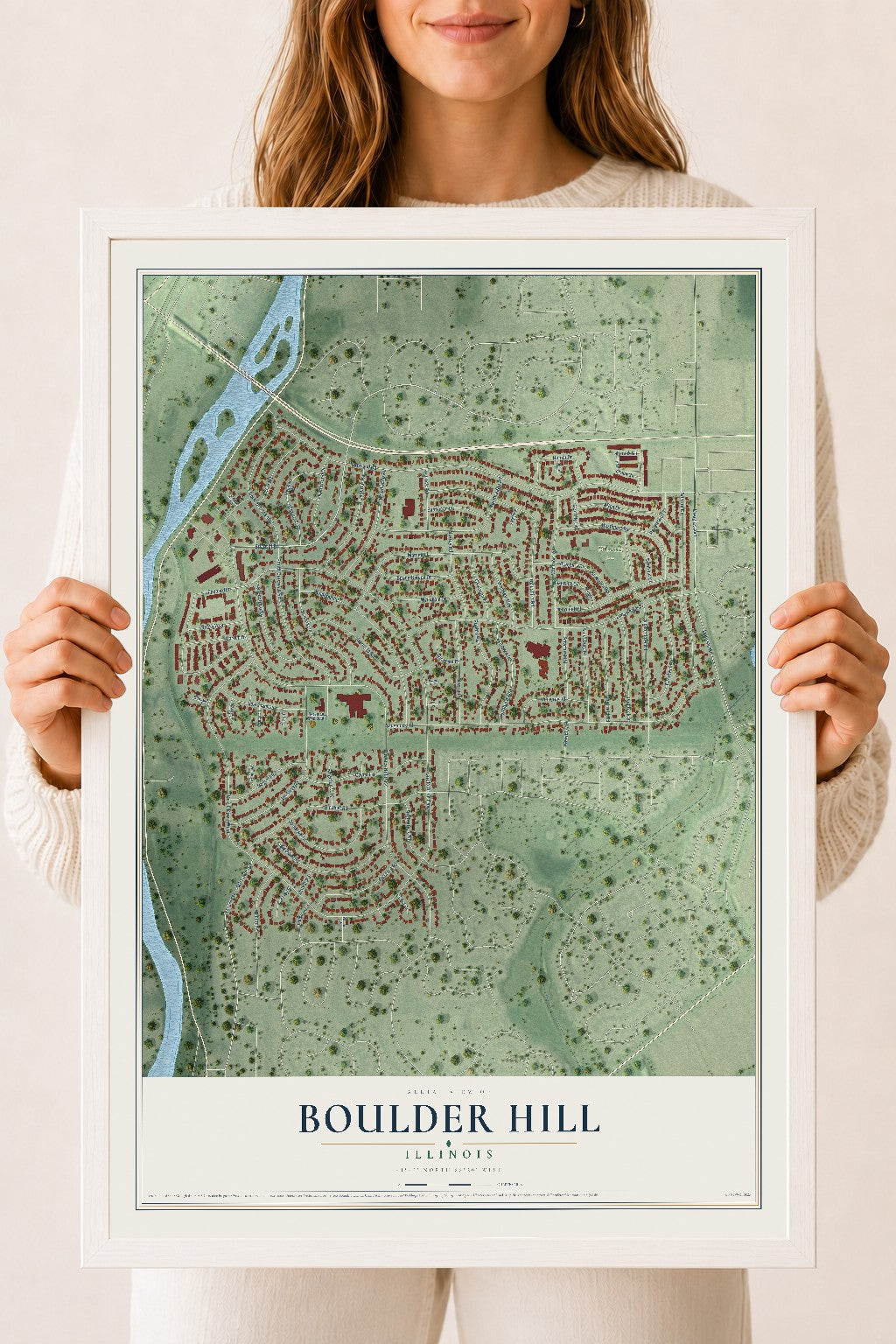 Map of Boulder Hill, Illinois, 18 x 24 inch print in a white wood frame