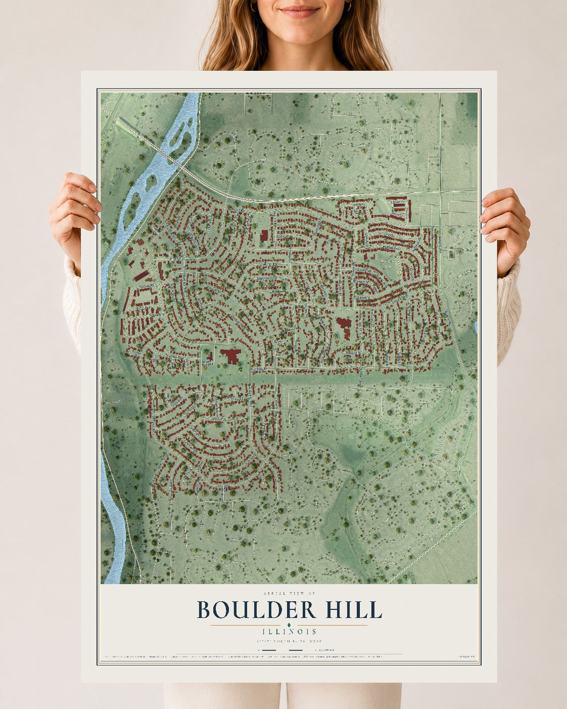 Map of Boulder Hill, Illinois, 24 x 36 inch unframed archival matte print