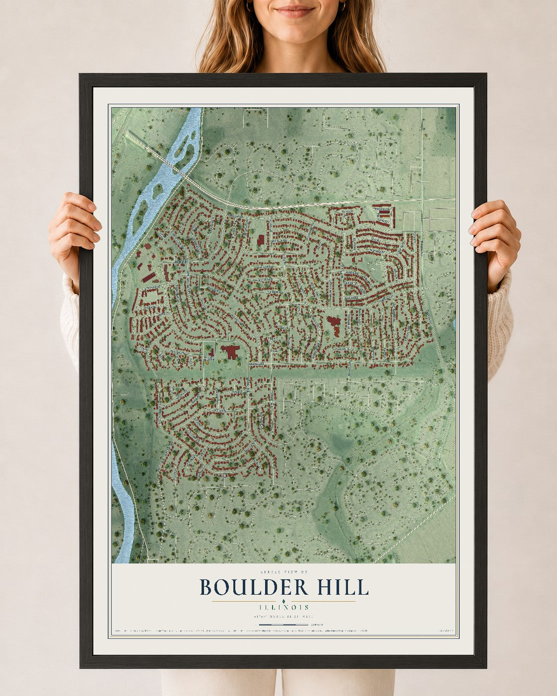 Map of Boulder Hill, Illinois, 24 x 36 inch print in a black wood frame