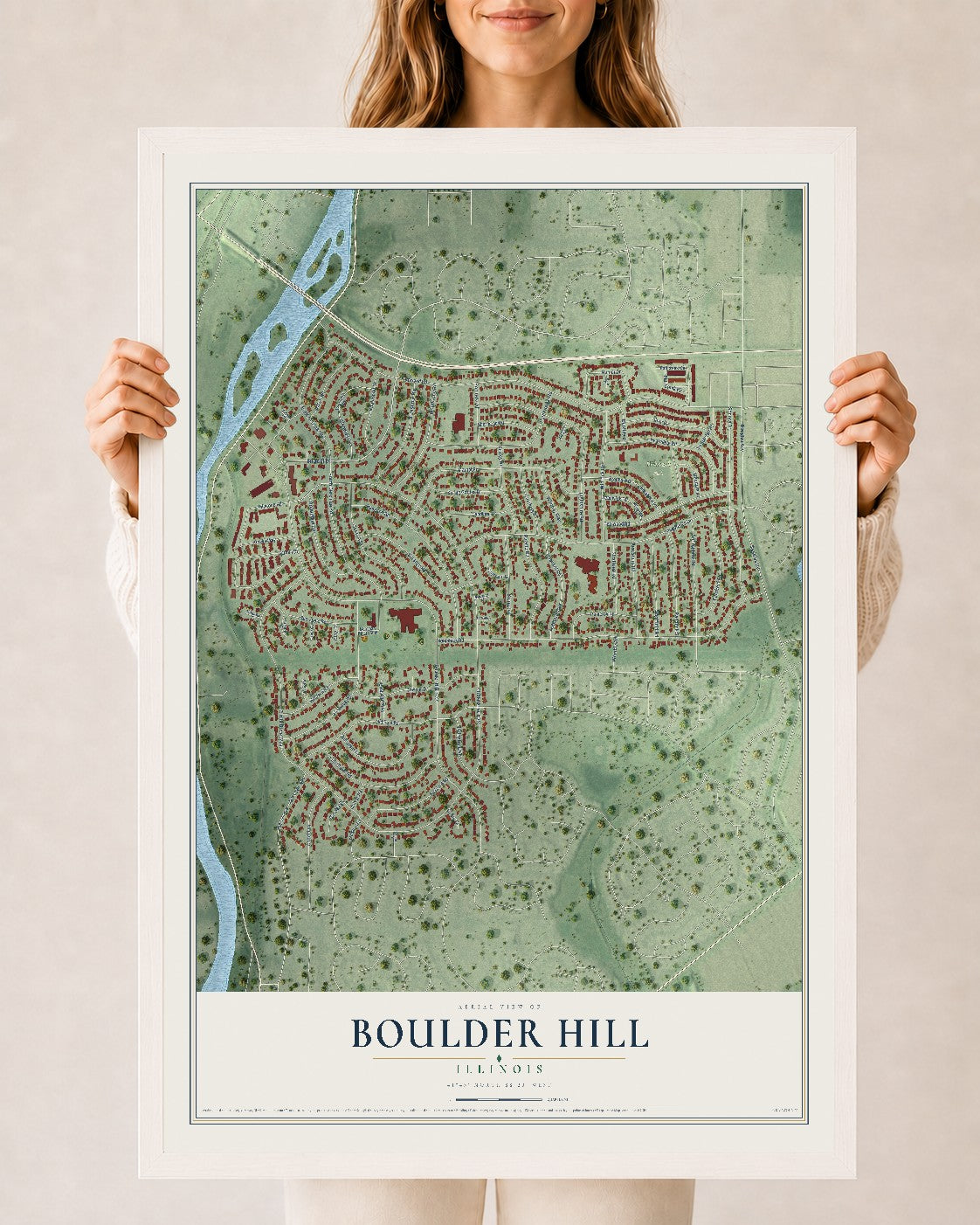 Map of Boulder Hill, Illinois, 24 x 36 inch print in a white wood frame