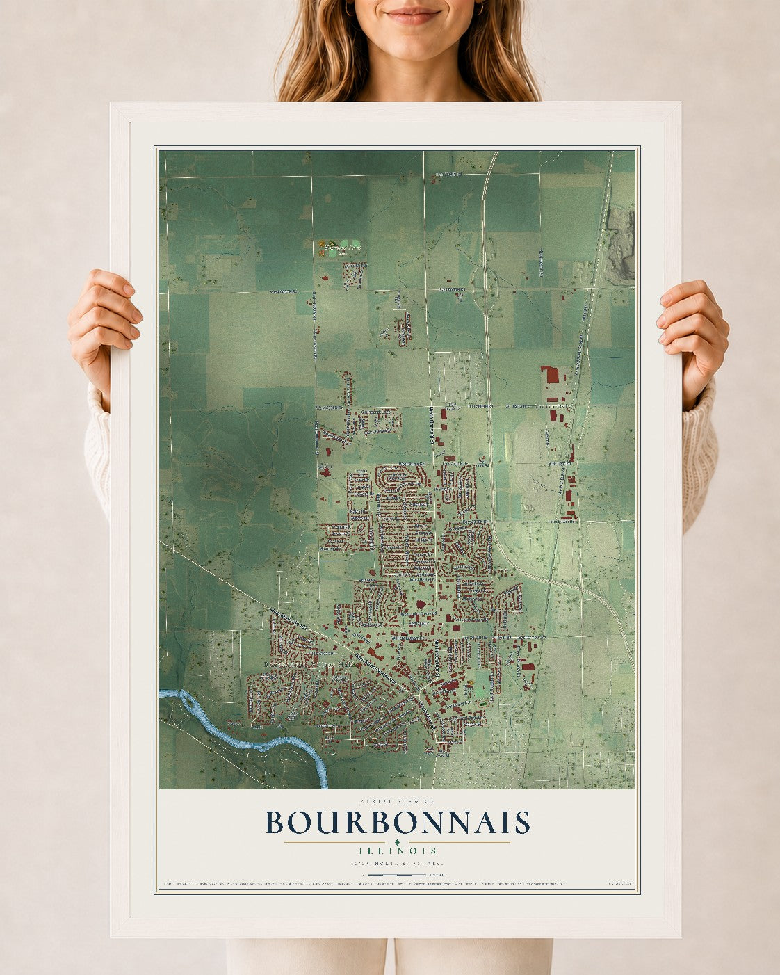 Map of Bourbonnais, Illinois, 24 x 36 inch print in a white wood frame