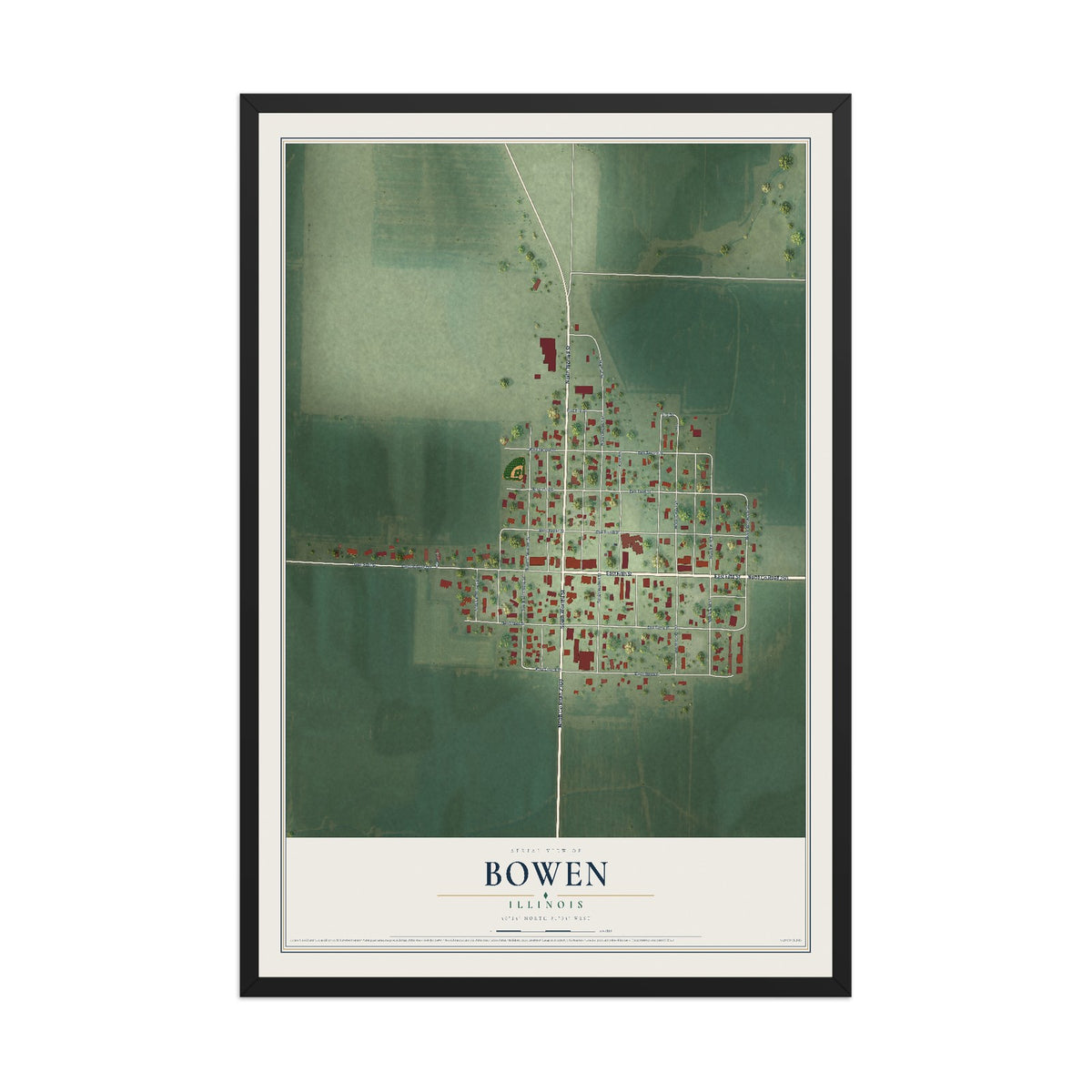 Map of Bowen, Illinois, 12 x 18 inch print in a black wood frame