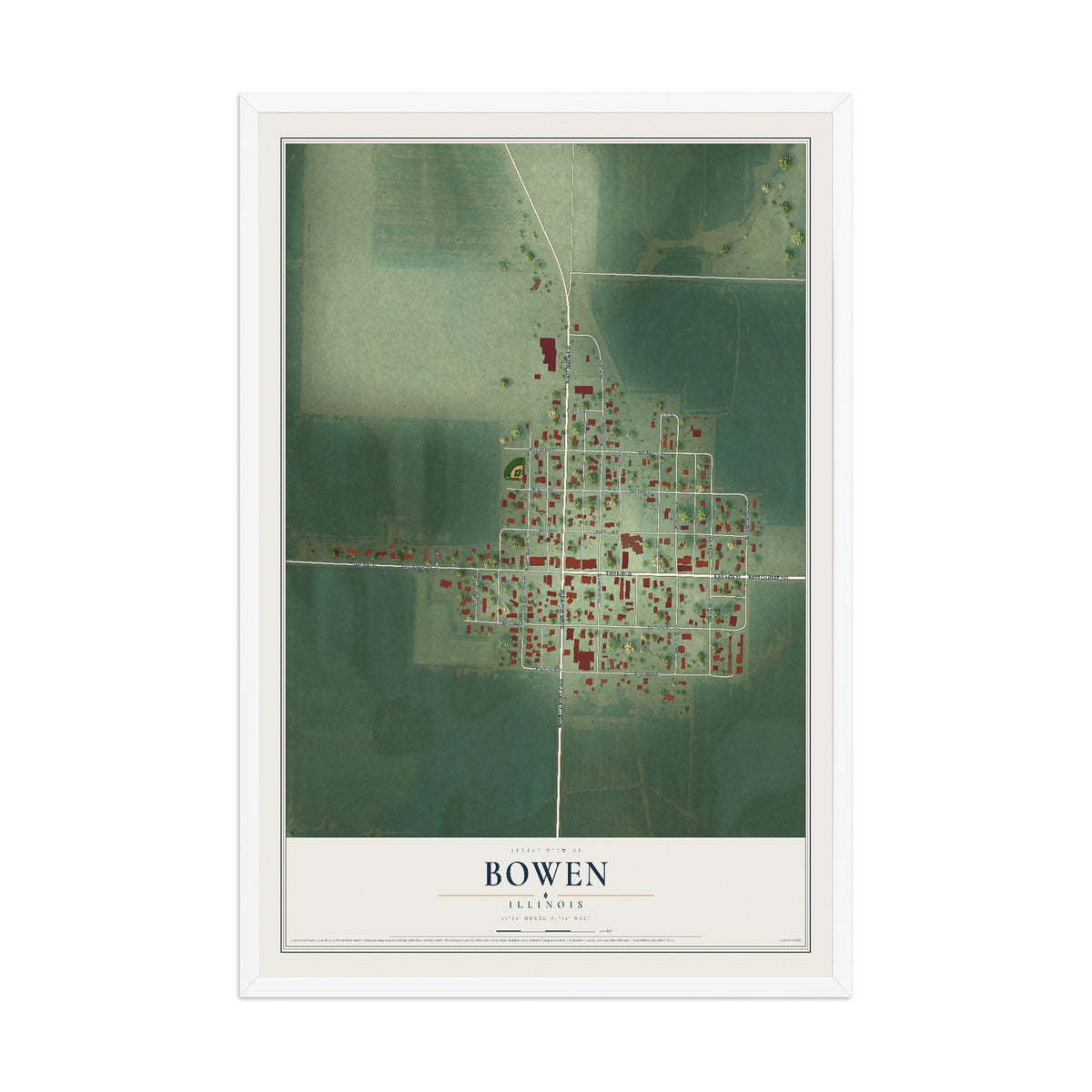 Map of Bowen, Illinois, 12 x 18 inch print in a white wood frame