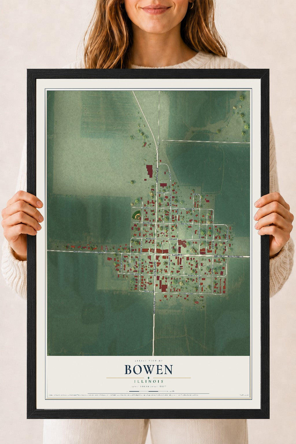 Map of Bowen, Illinois, 18 x 24 inch print in a black wood frame