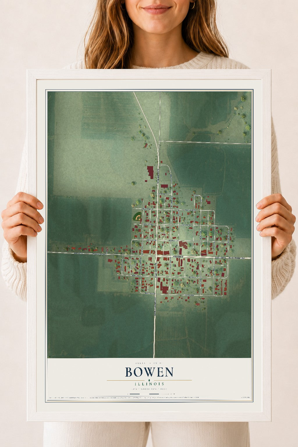 Map of Bowen, Illinois, 18 x 24 inch print in a white wood frame