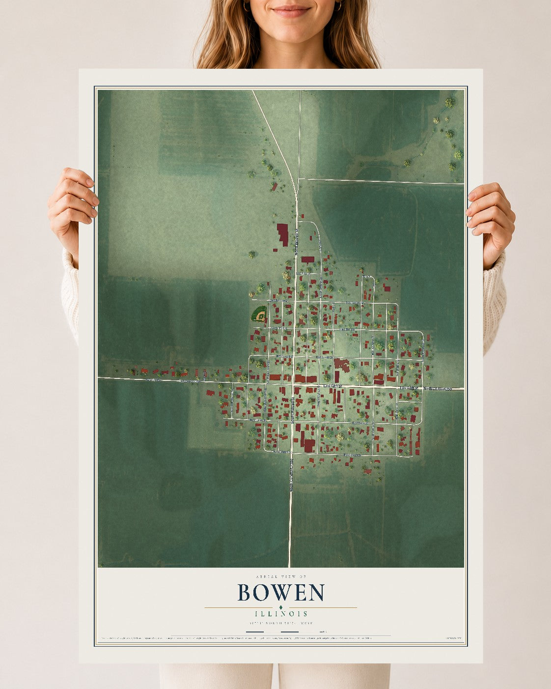 Map of Bowen, Illinois, 24 x 36 inch unframed archival matte print
