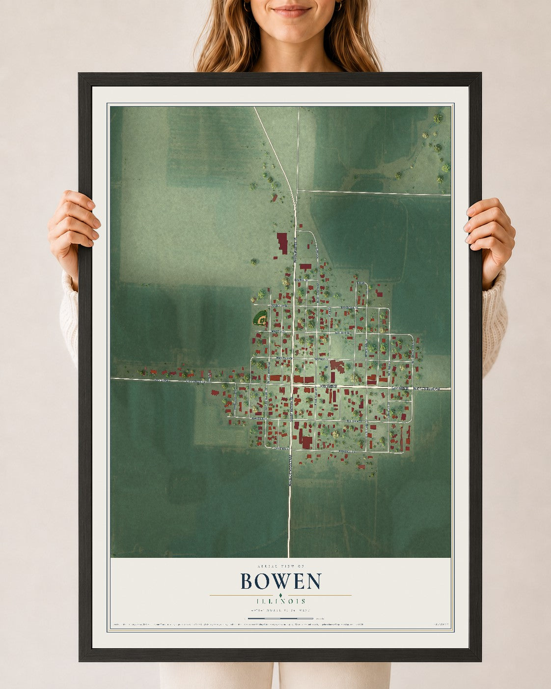 Map of Bowen, Illinois, 24 x 36 inch print in a black wood frame