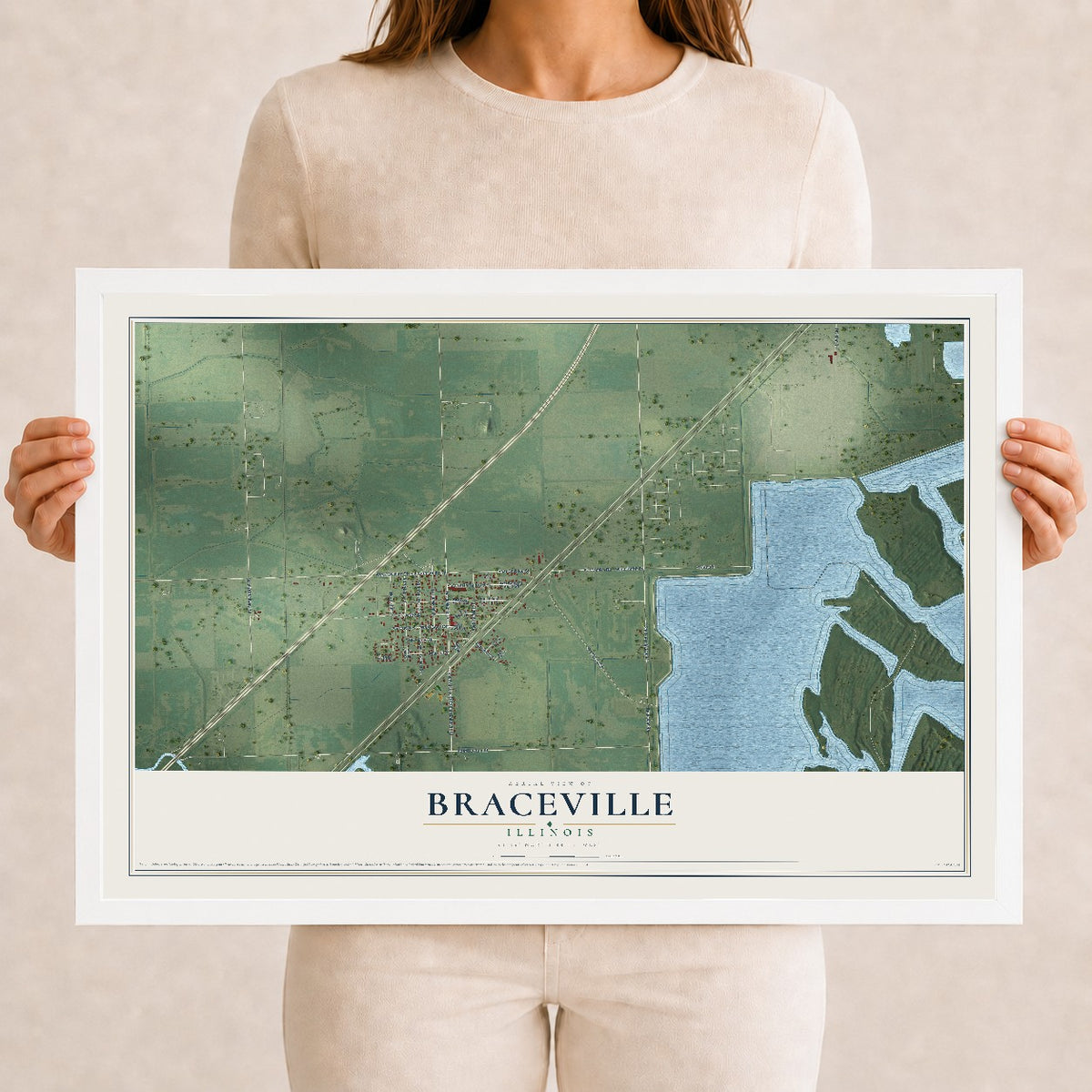 Map of Braceville, Illinois, 12 x 18 inch print in a white wood frame