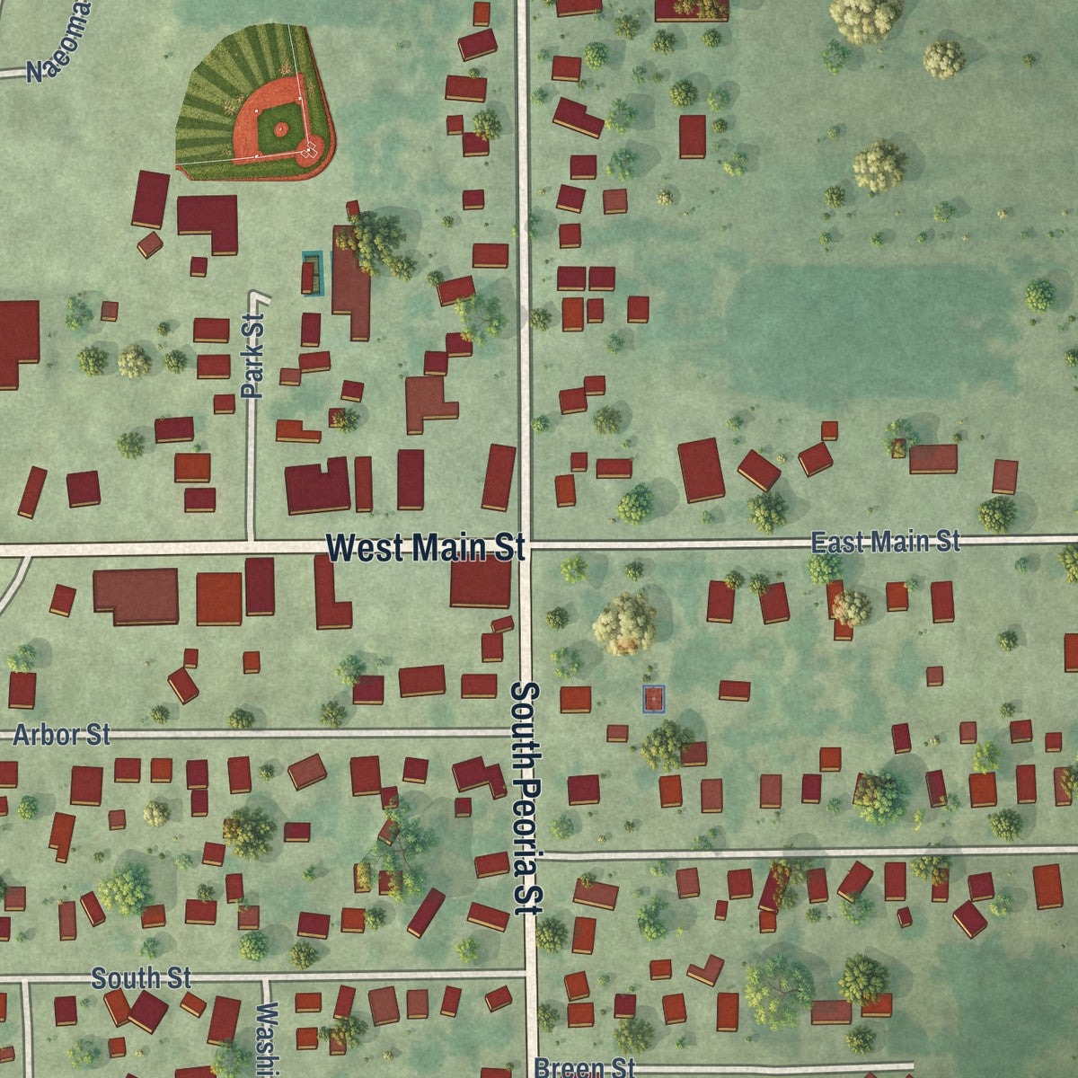 Close-up of the map of Bradford, Illinois print showing street and building detail