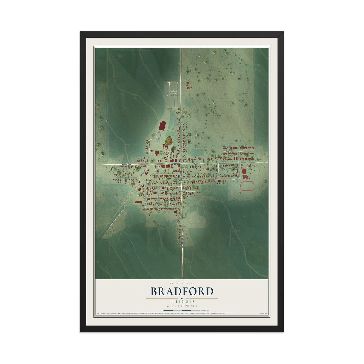 Map of Bradford, Illinois, 12 x 18 inch print in a black wood frame