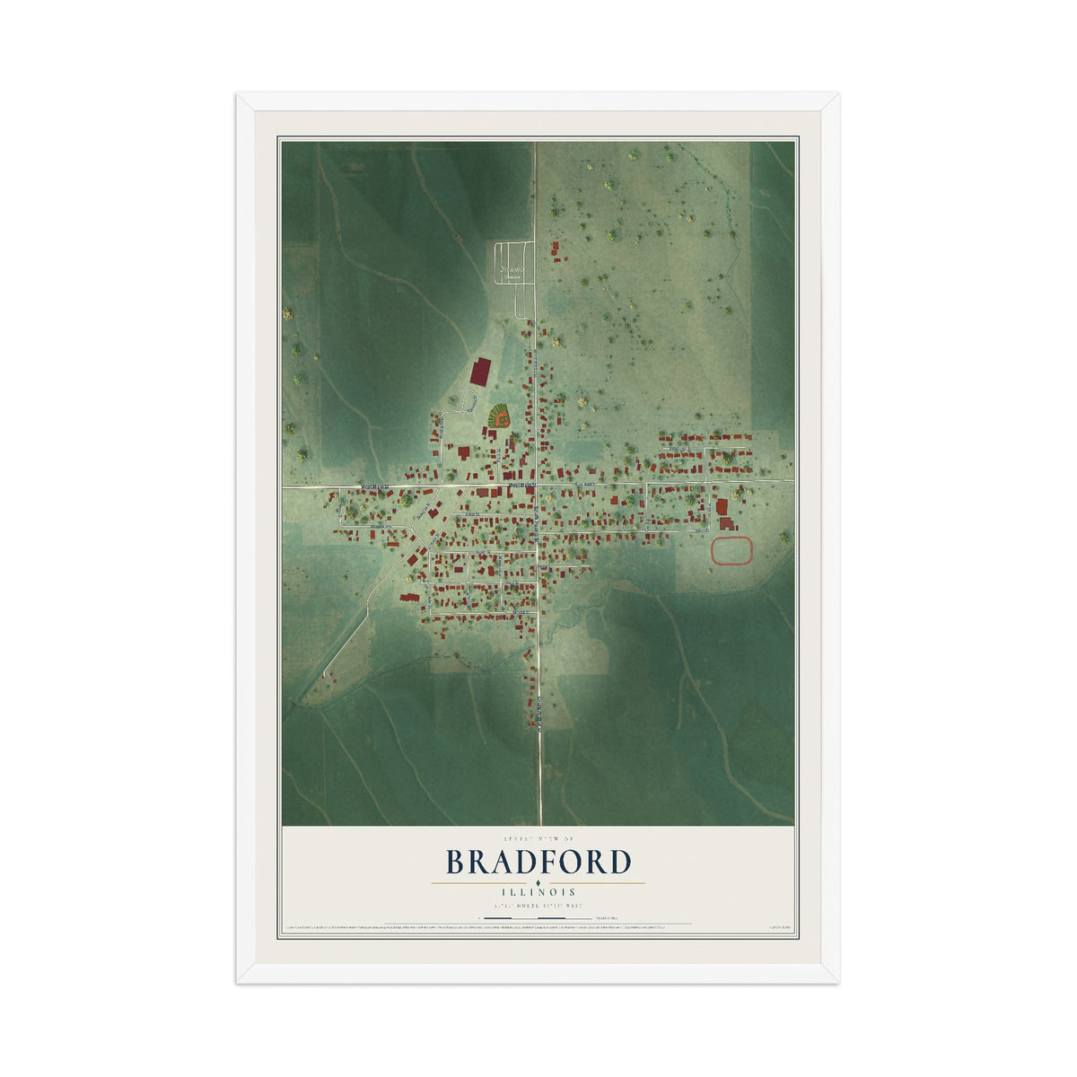 Map of Bradford, Illinois, 12 x 18 inch print in a white wood frame
