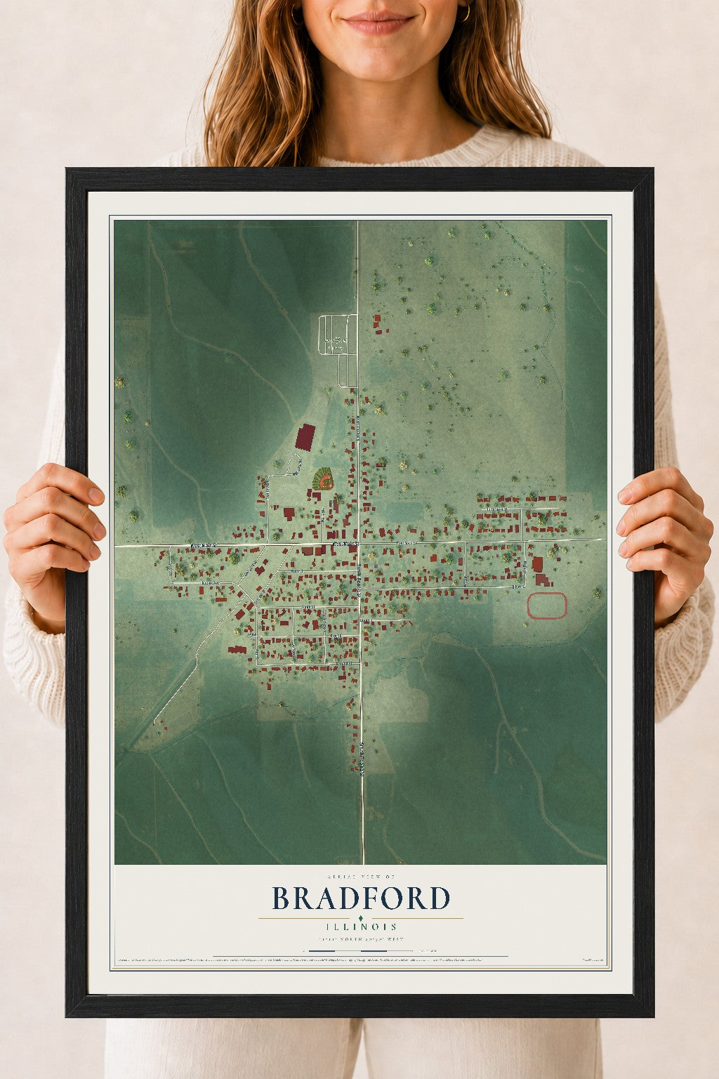 Map of Bradford, Illinois, 18 x 24 inch print in a black wood frame