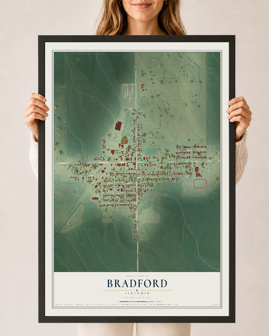 Map of Bradford, Illinois, 24 x 36 inch print in a black wood frame