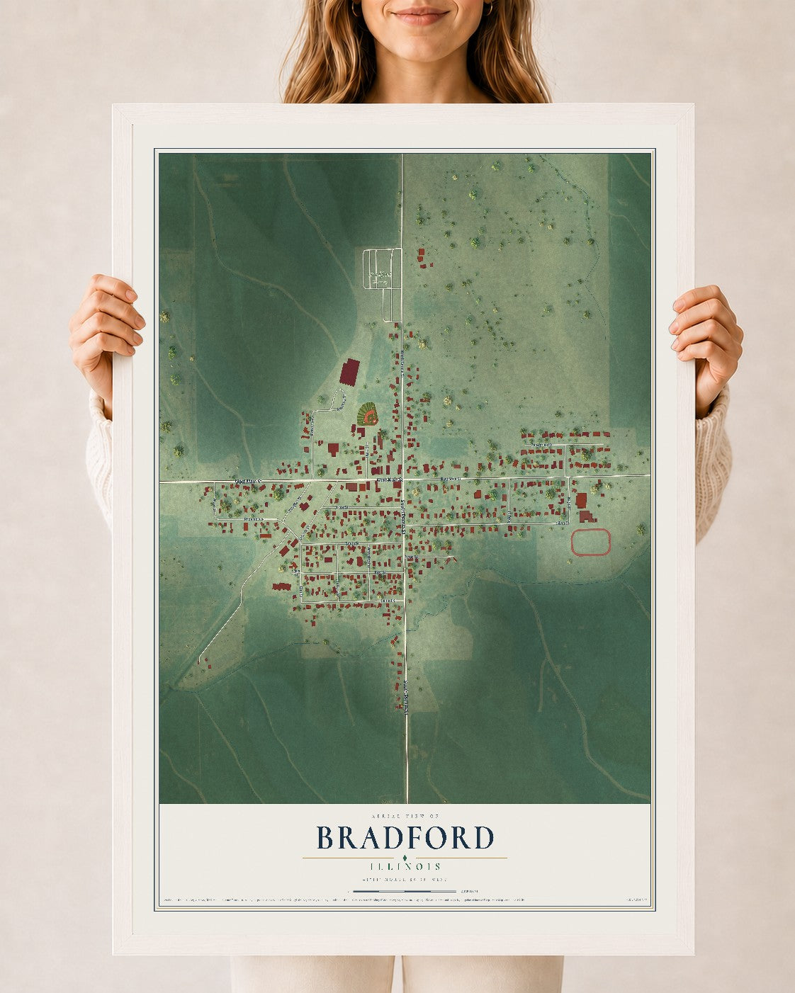 Map of Bradford, Illinois, 24 x 36 inch print in a white wood frame