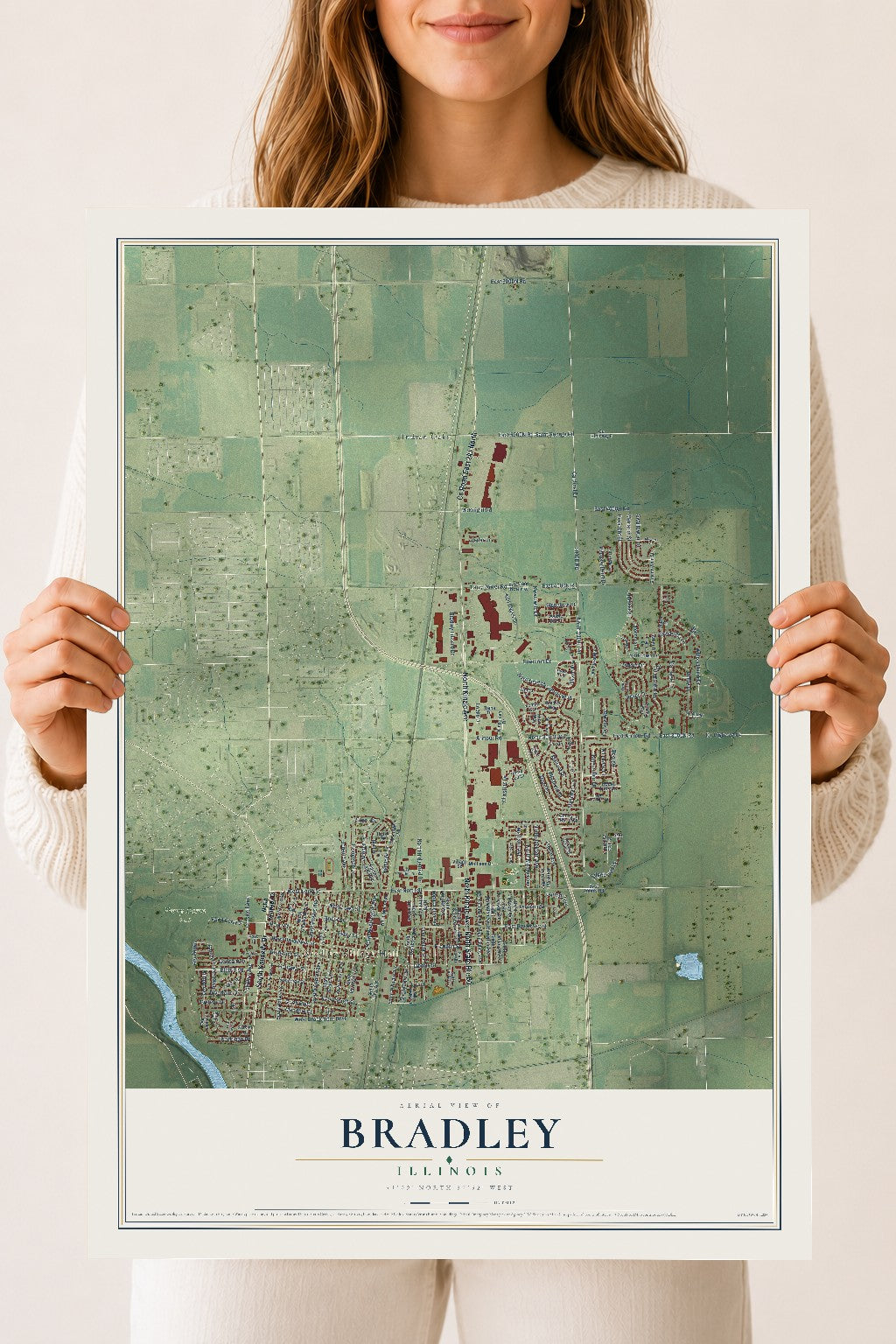 Map of Bradley, Illinois, 18 x 24 inch unframed archival matte print