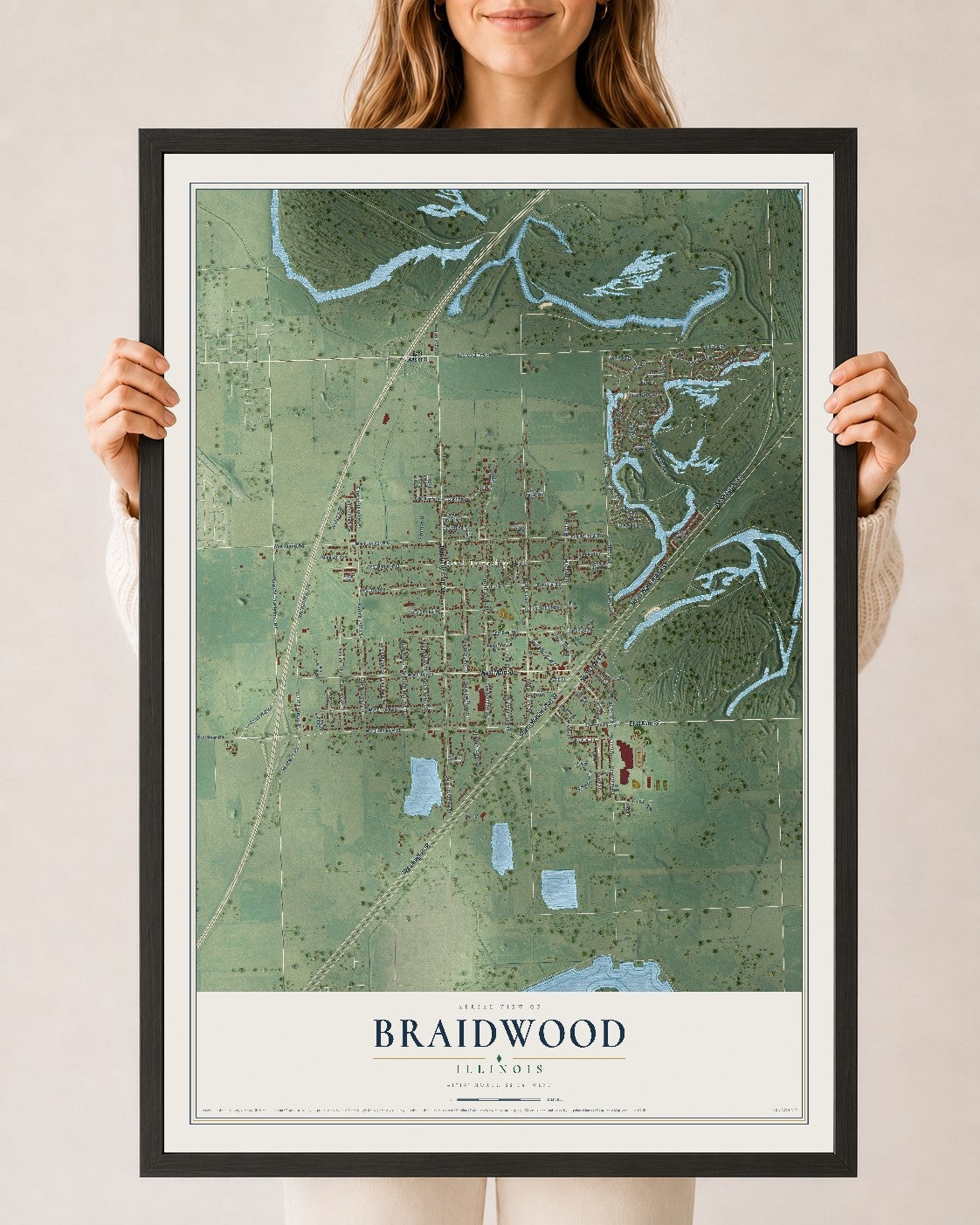 Map of Braidwood, Illinois, 24 x 36 inch print in a black wood frame