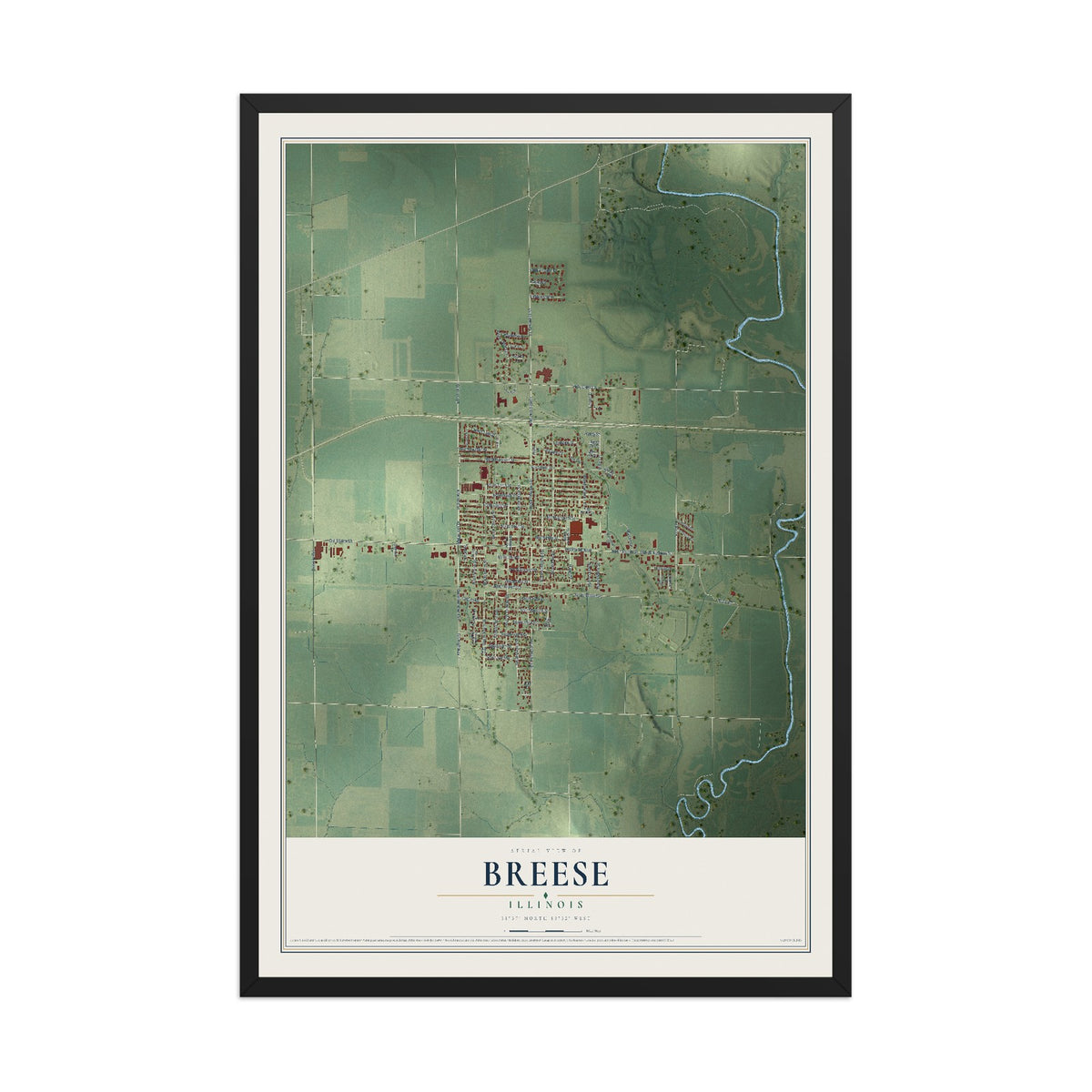 Map of Breese, Illinois, 12 x 18 inch print in a black wood frame