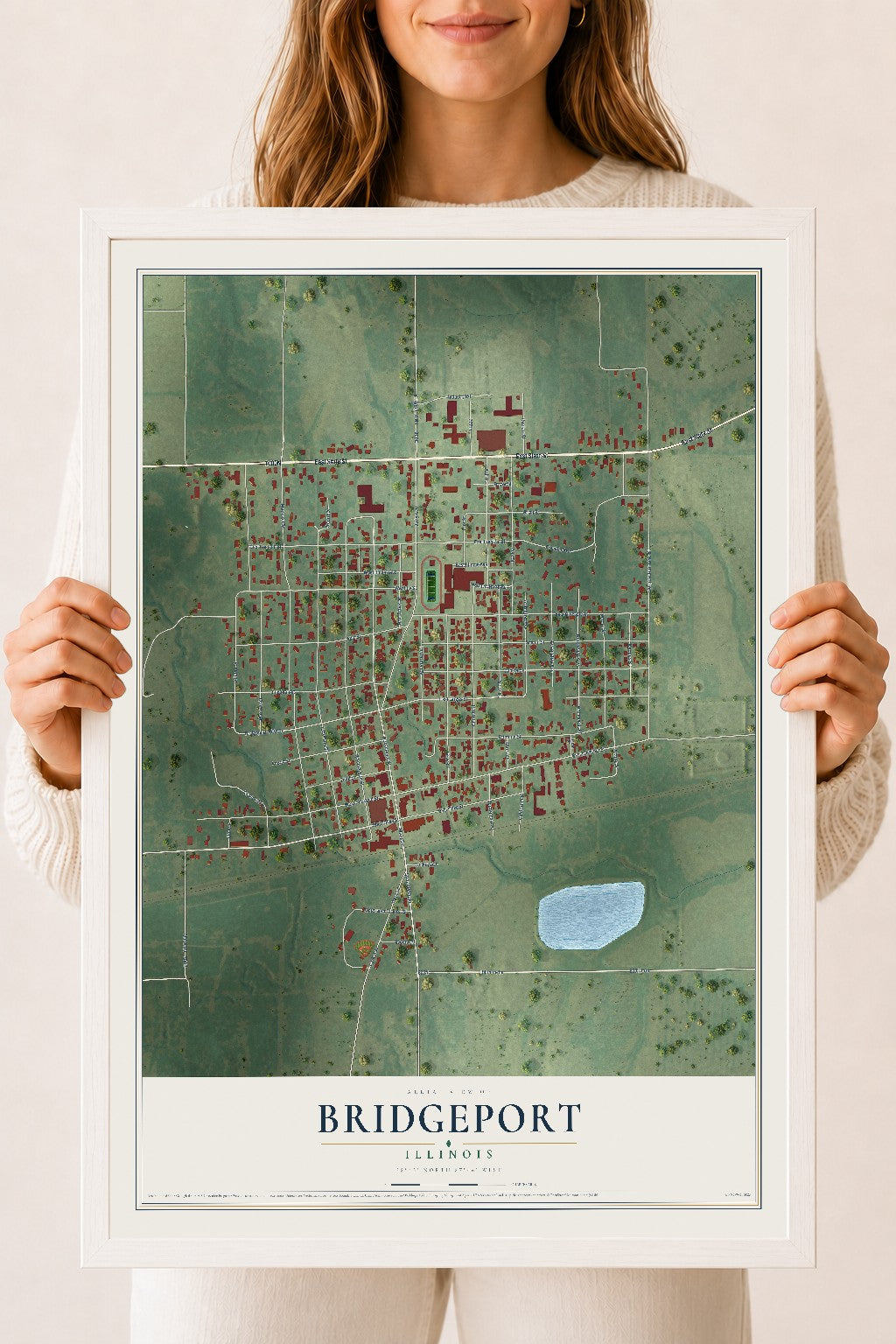 Map of Bridgeport, Illinois, 18 x 24 inch print in a white wood frame