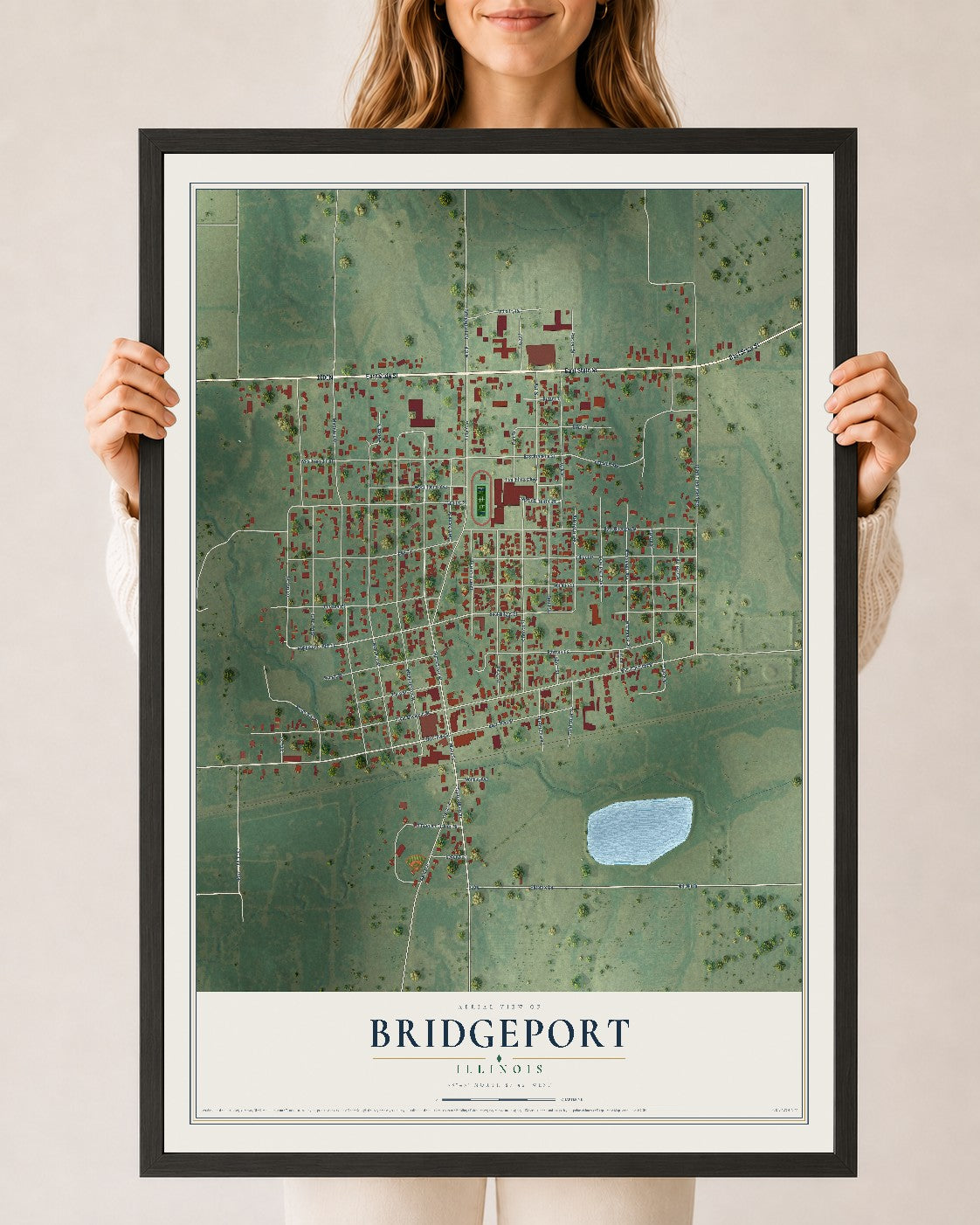 Map of Bridgeport, Illinois, 24 x 36 inch print in a black wood frame