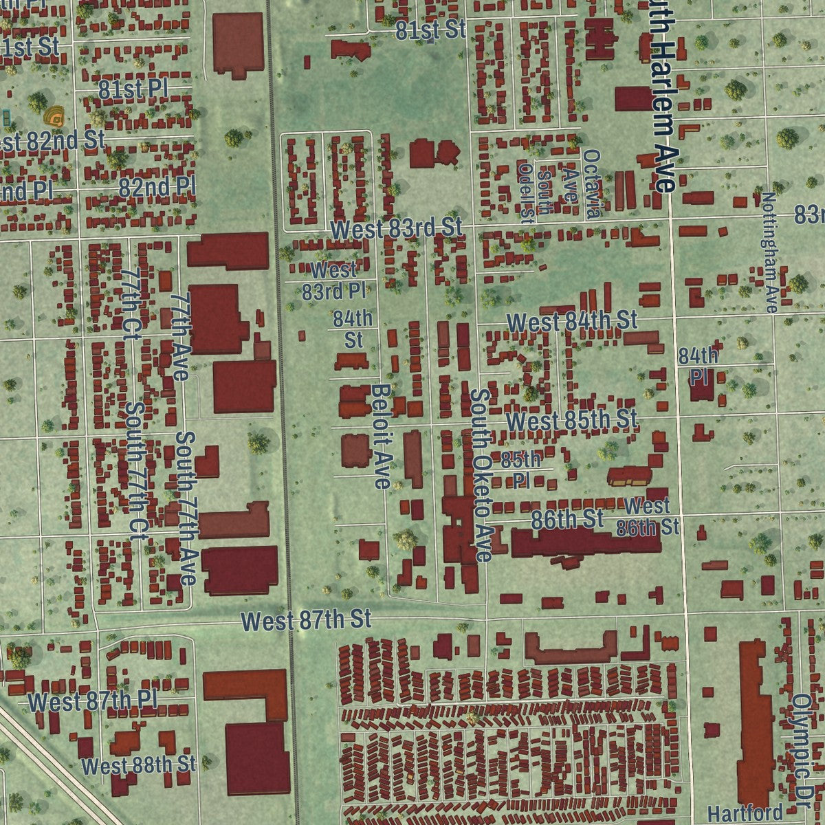 Close-up of the map of Bridgeview, Illinois print showing street and building detail