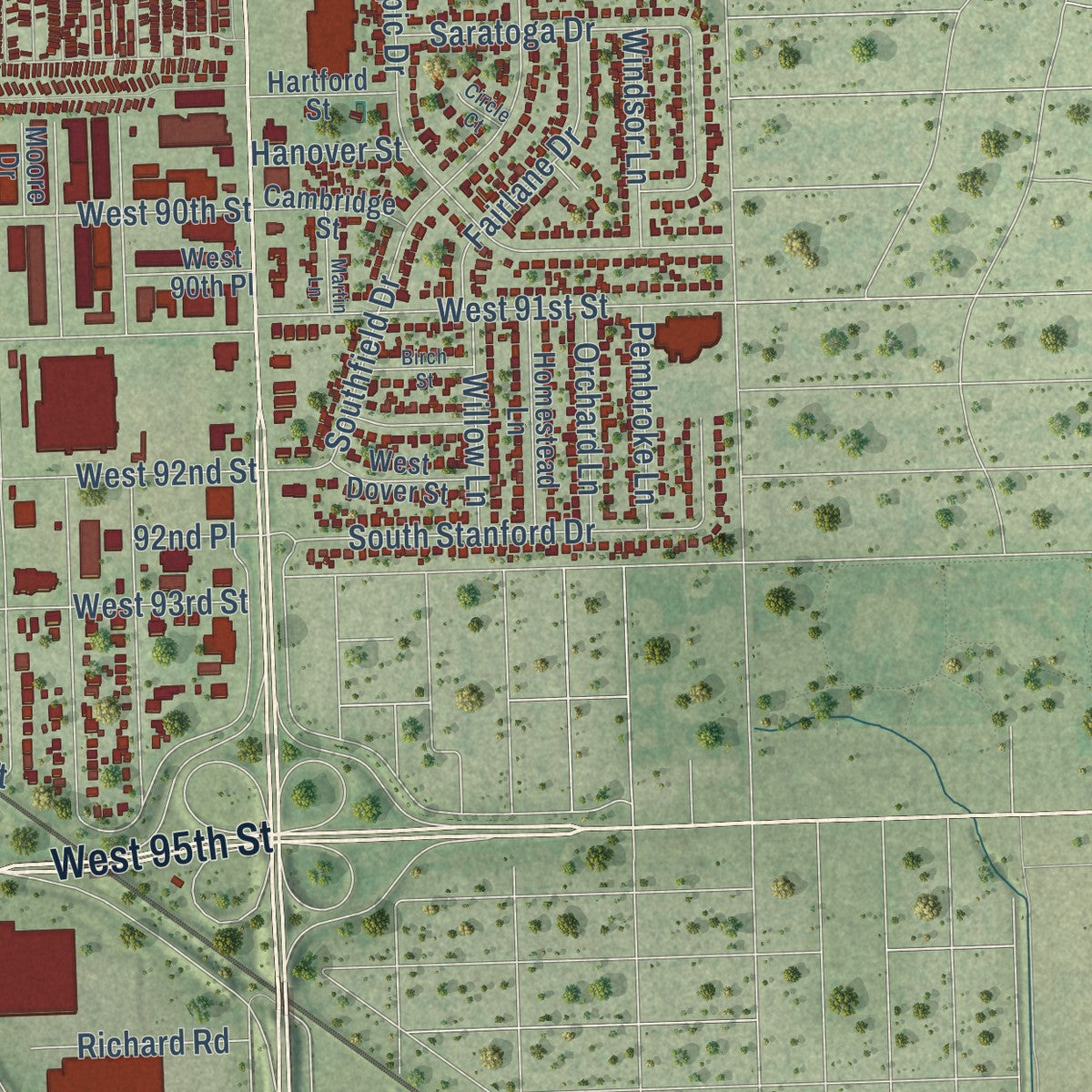 Second close-up of the map of Bridgeview, Illinois print showing more streets and buildings