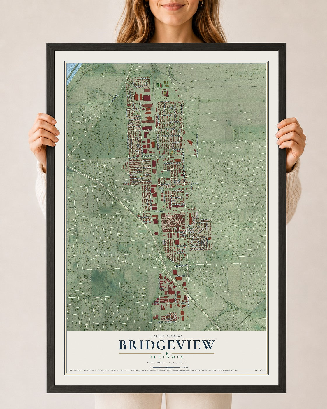 Map of Bridgeview, Illinois, 24 x 36 inch print in a black wood frame
