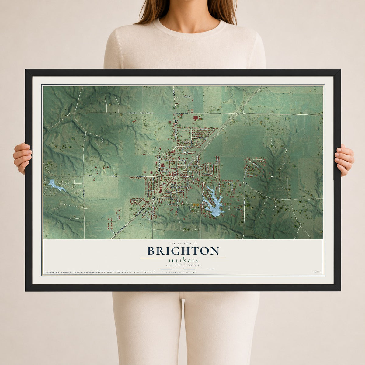Map of Brighton, Illinois, 24 x 36 inch print in a black wood frame
