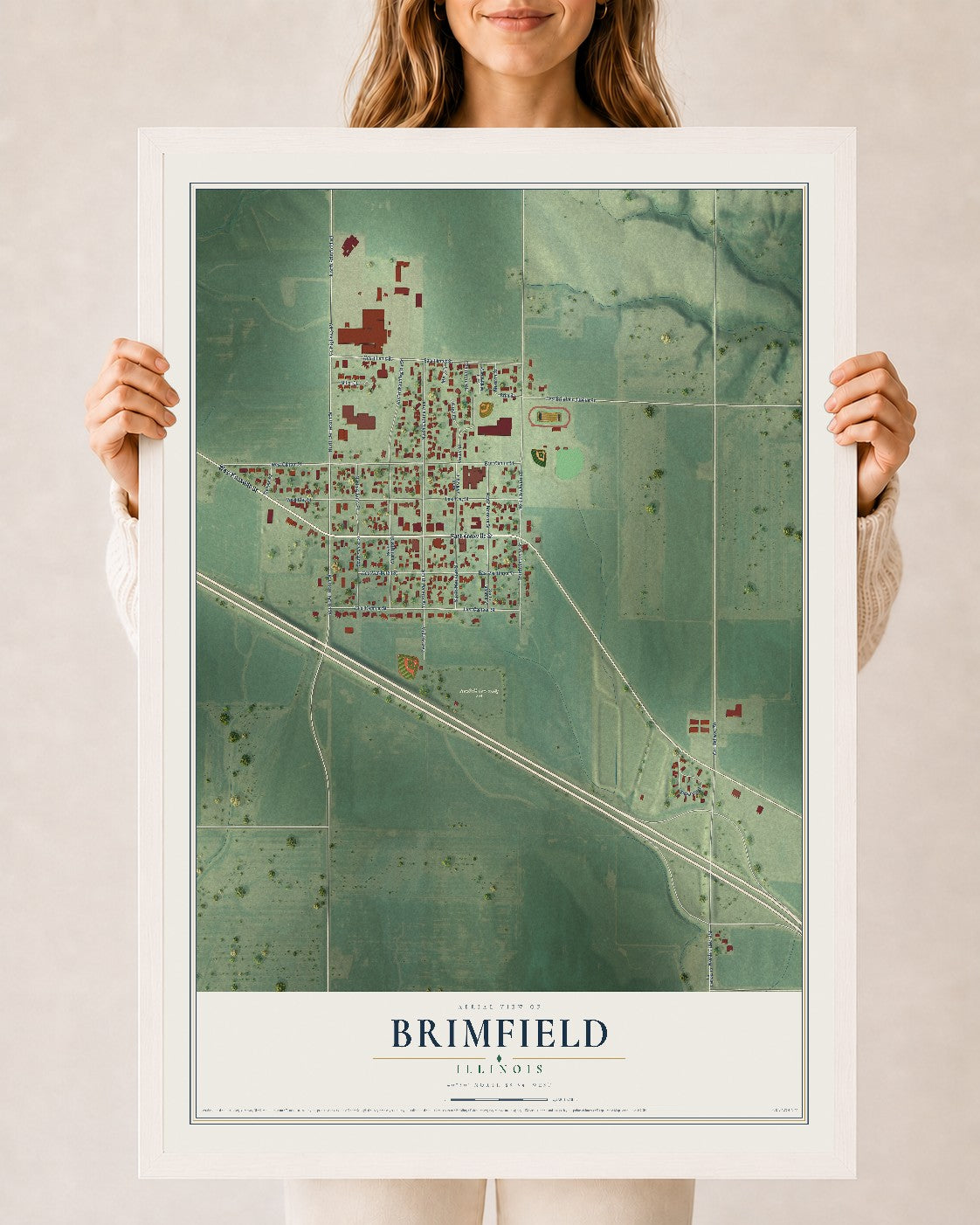 Map of Brimfield, Illinois, 24 x 36 inch print in a white wood frame