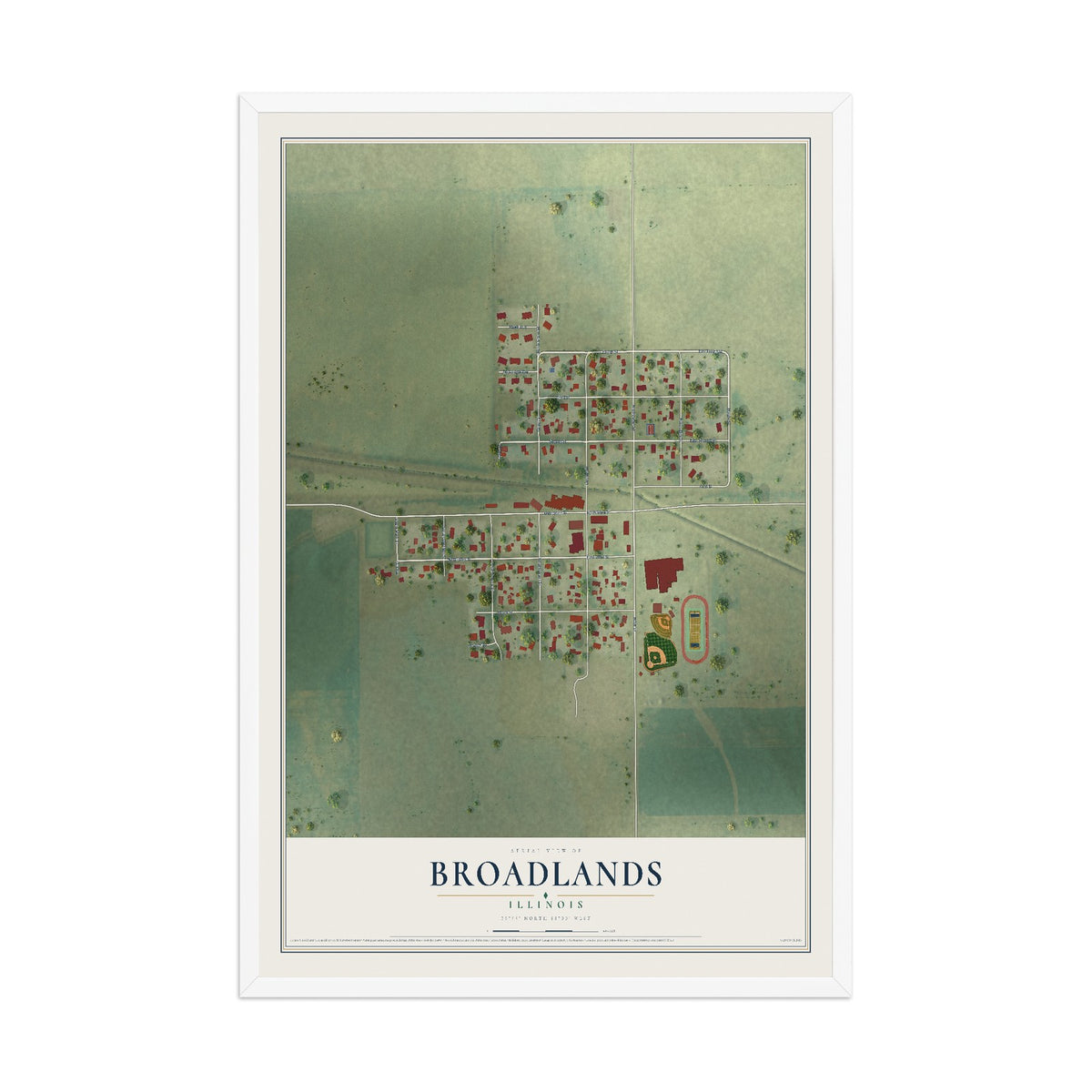 Map of Broadlands, Illinois, 12 x 18 inch print in a white wood frame