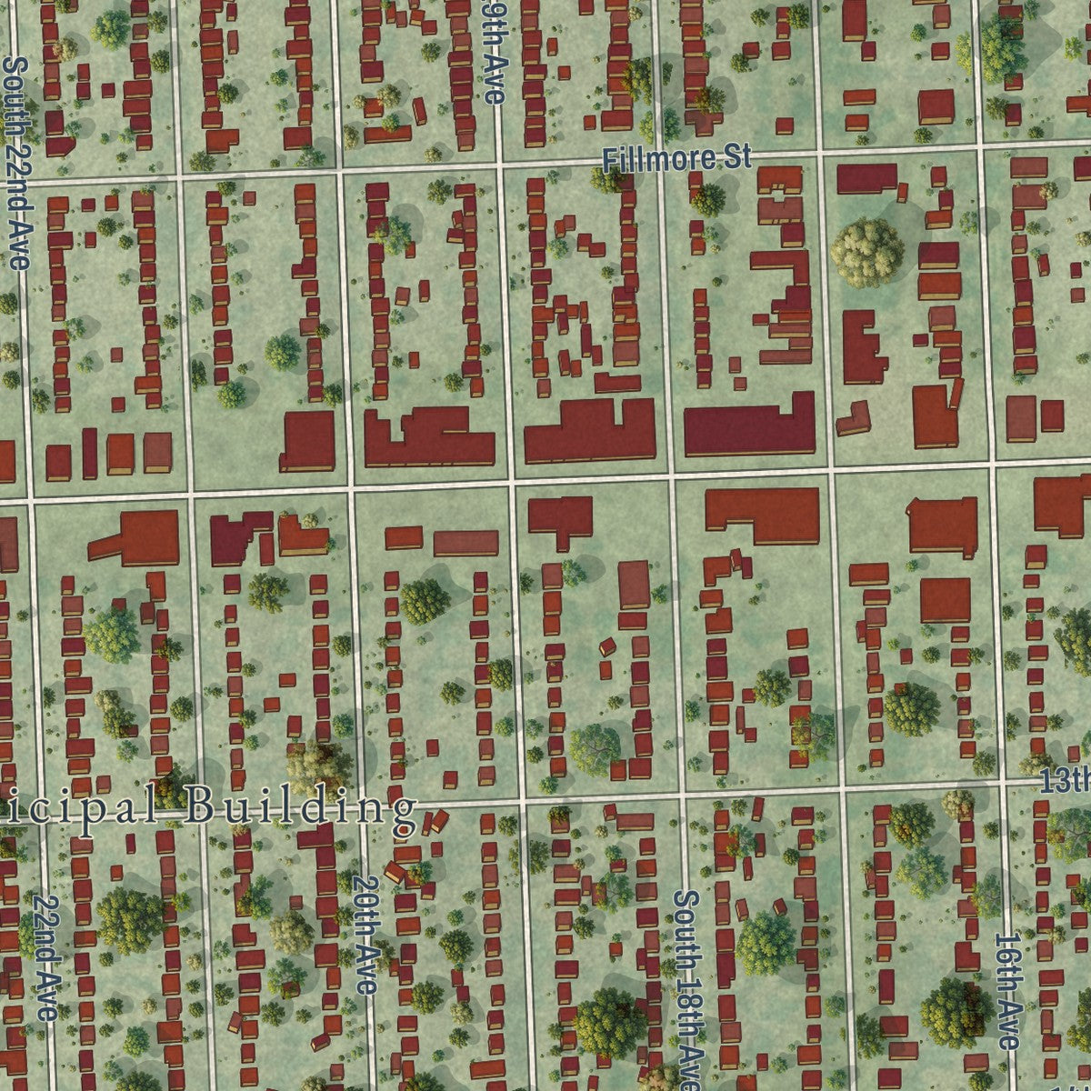 Close-up of the map of Broadview, Illinois print showing street and building detail