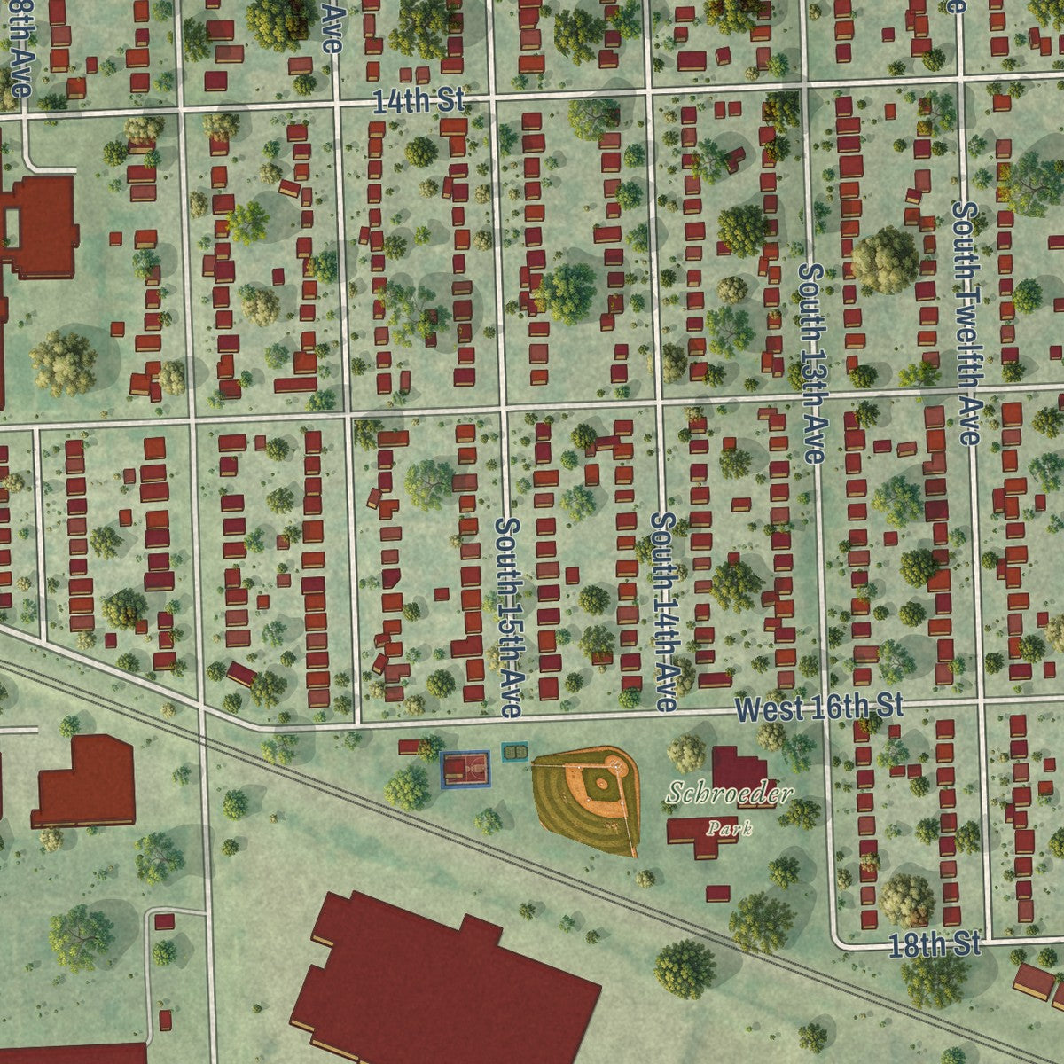 Second close-up of the map of Broadview, Illinois print showing more streets and buildings