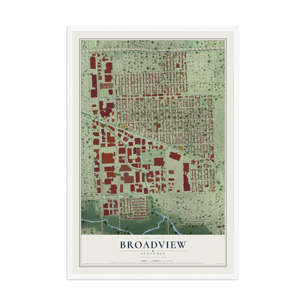 Map of Broadview, Illinois, 12 x 18 inch print in a white wood frame