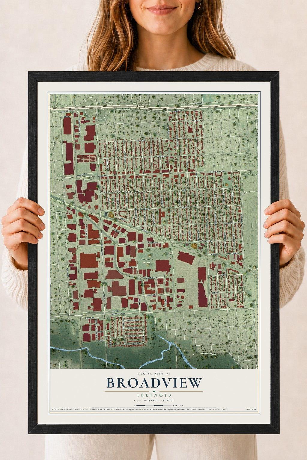 Map of Broadview, Illinois, 18 x 24 inch print in a black wood frame
