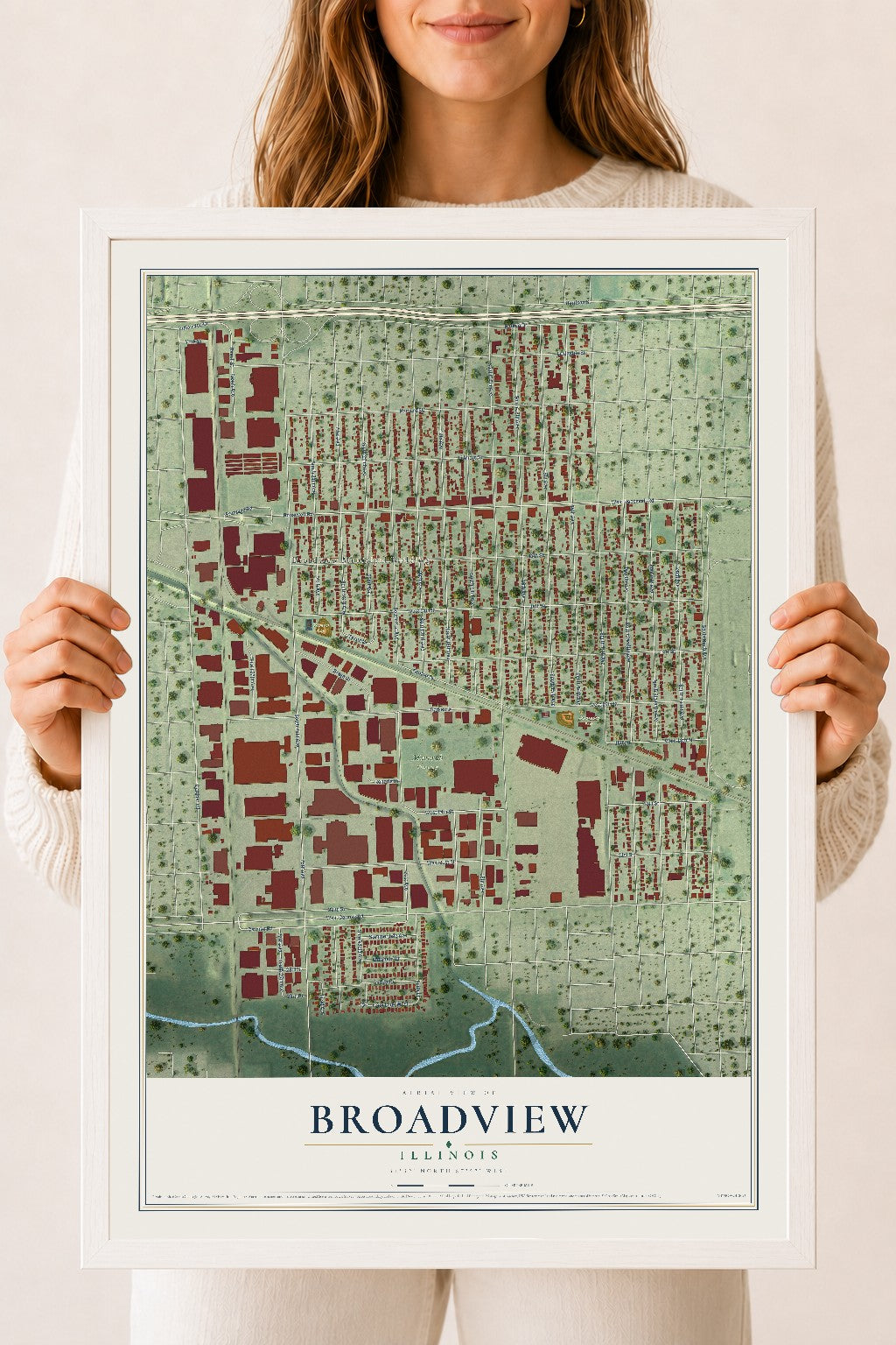 Map of Broadview, Illinois, 18 x 24 inch print in a white wood frame