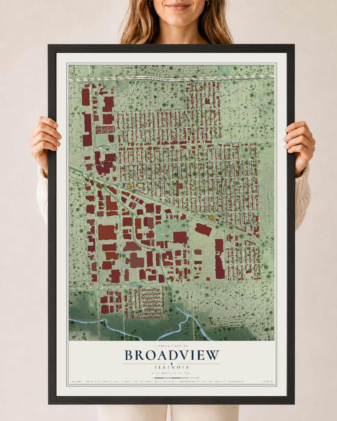 Map of Broadview, Illinois, 24 x 36 inch print in a black wood frame
